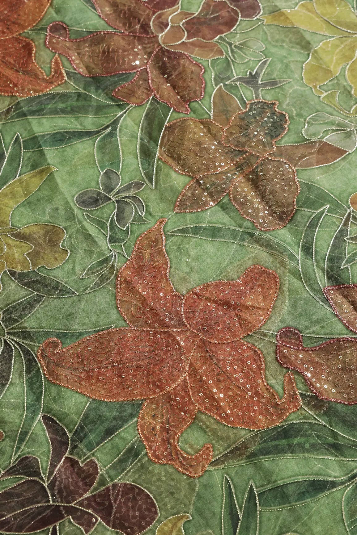 Floral Positional Print On Sequins With Zari Embroidery On Dark Olive Organza Fabric