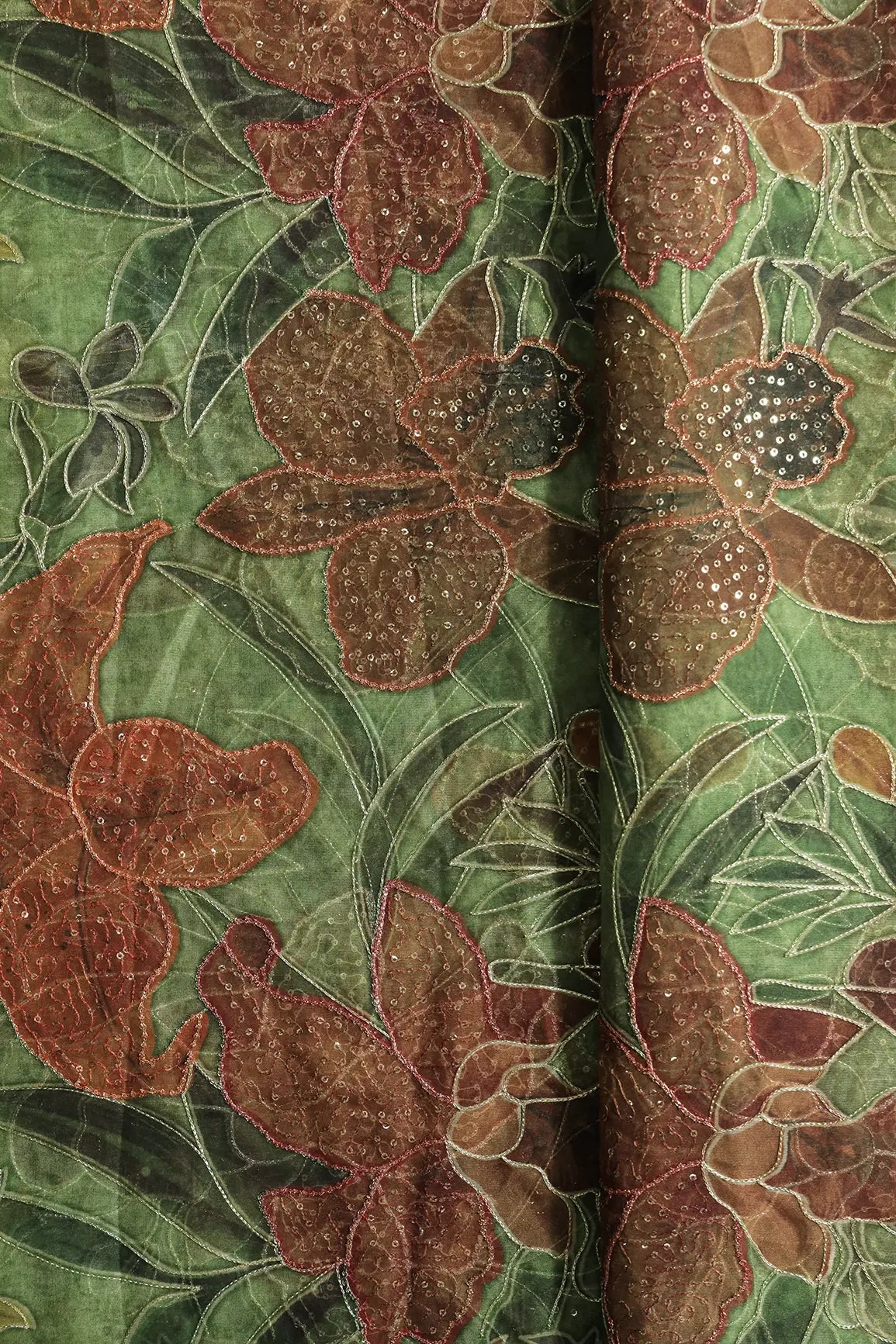 Floral Positional Print On Sequins With Zari Embroidery On Dark Olive Organza Fabric