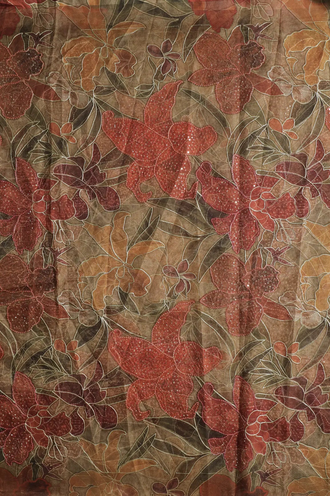 Floral Positional Print On Sequins With Zari Embroidery On Brown Organza Fabric
