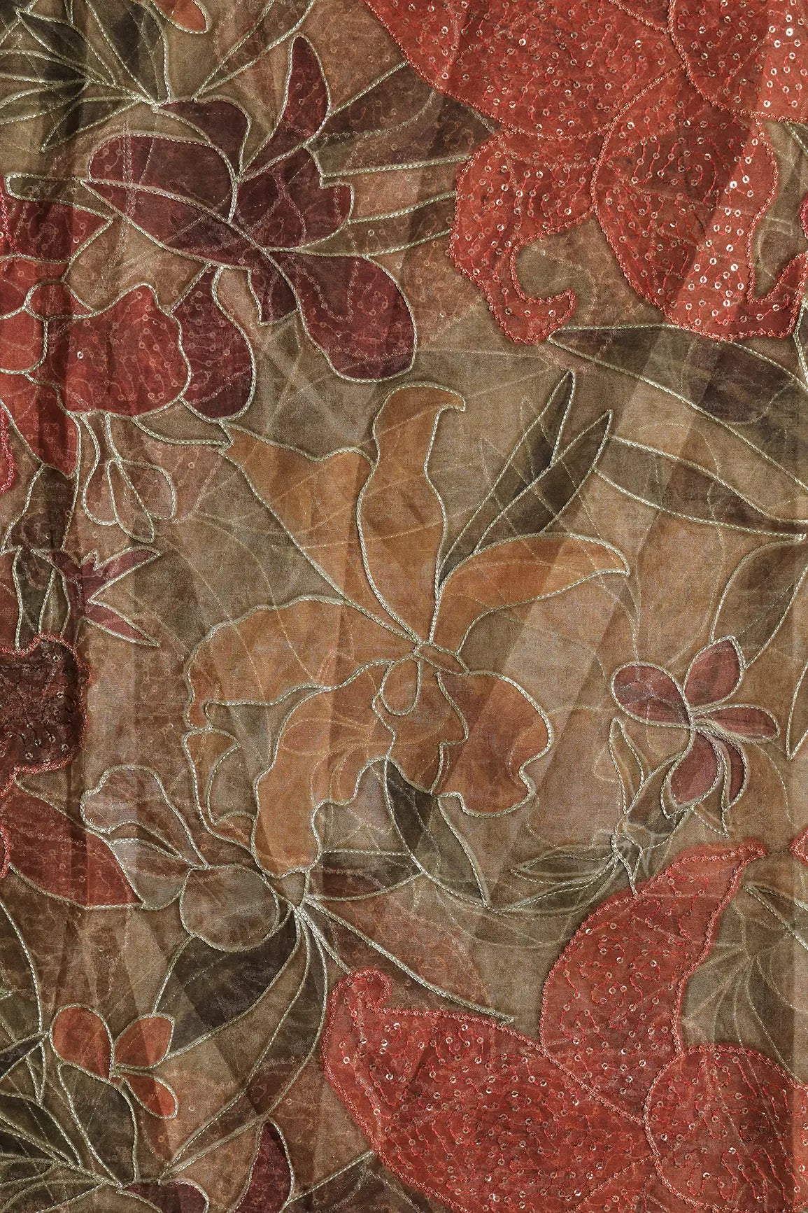 Floral Positional Print On Sequins With Zari Embroidery On Brown Organza Fabric
