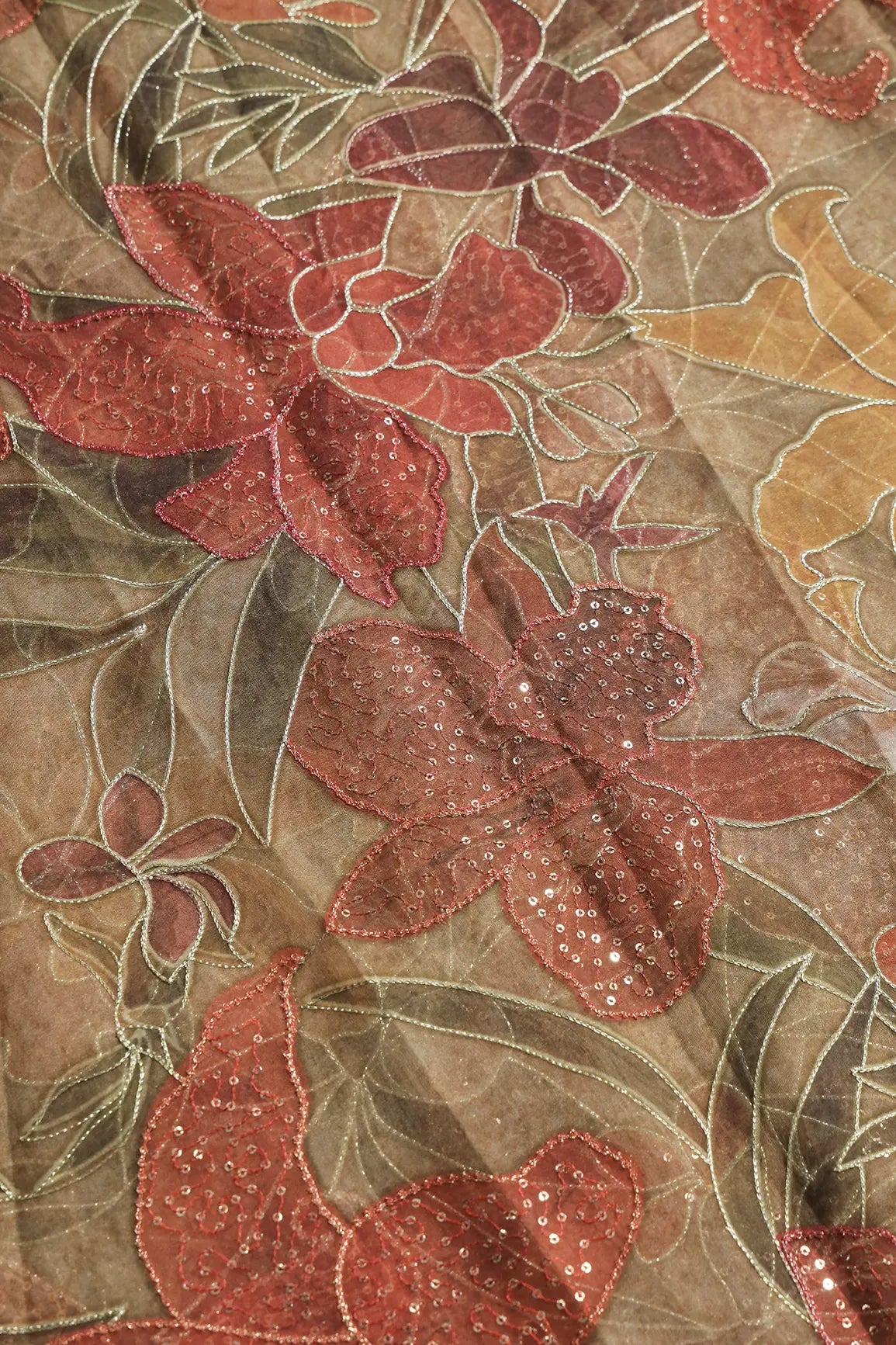 Floral Positional Print On Sequins With Zari Embroidery On Brown Organza Fabric