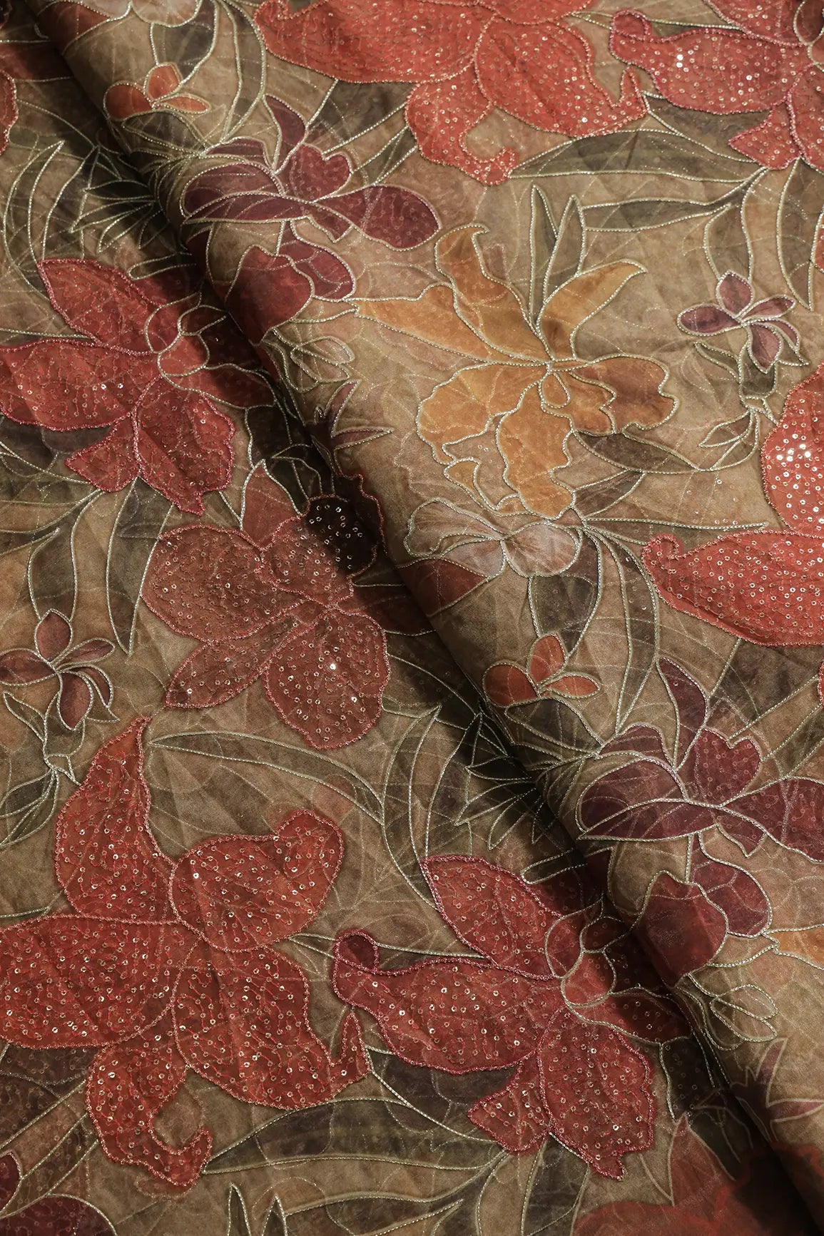 Floral Positional Print On Sequins With Zari Embroidery On Brown Organza Fabric