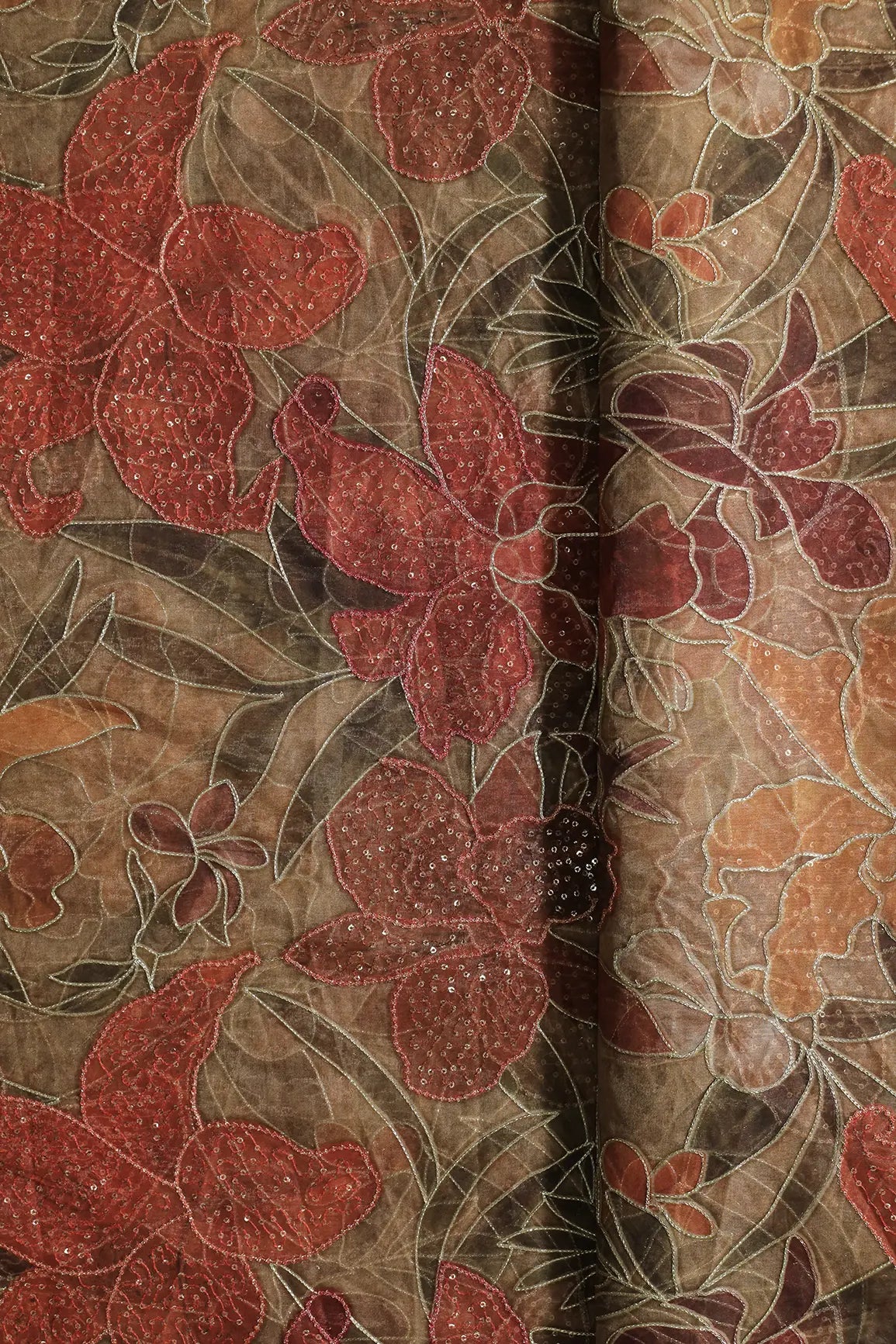 Floral Positional Print On Sequins With Zari Embroidery On Brown Organza Fabric