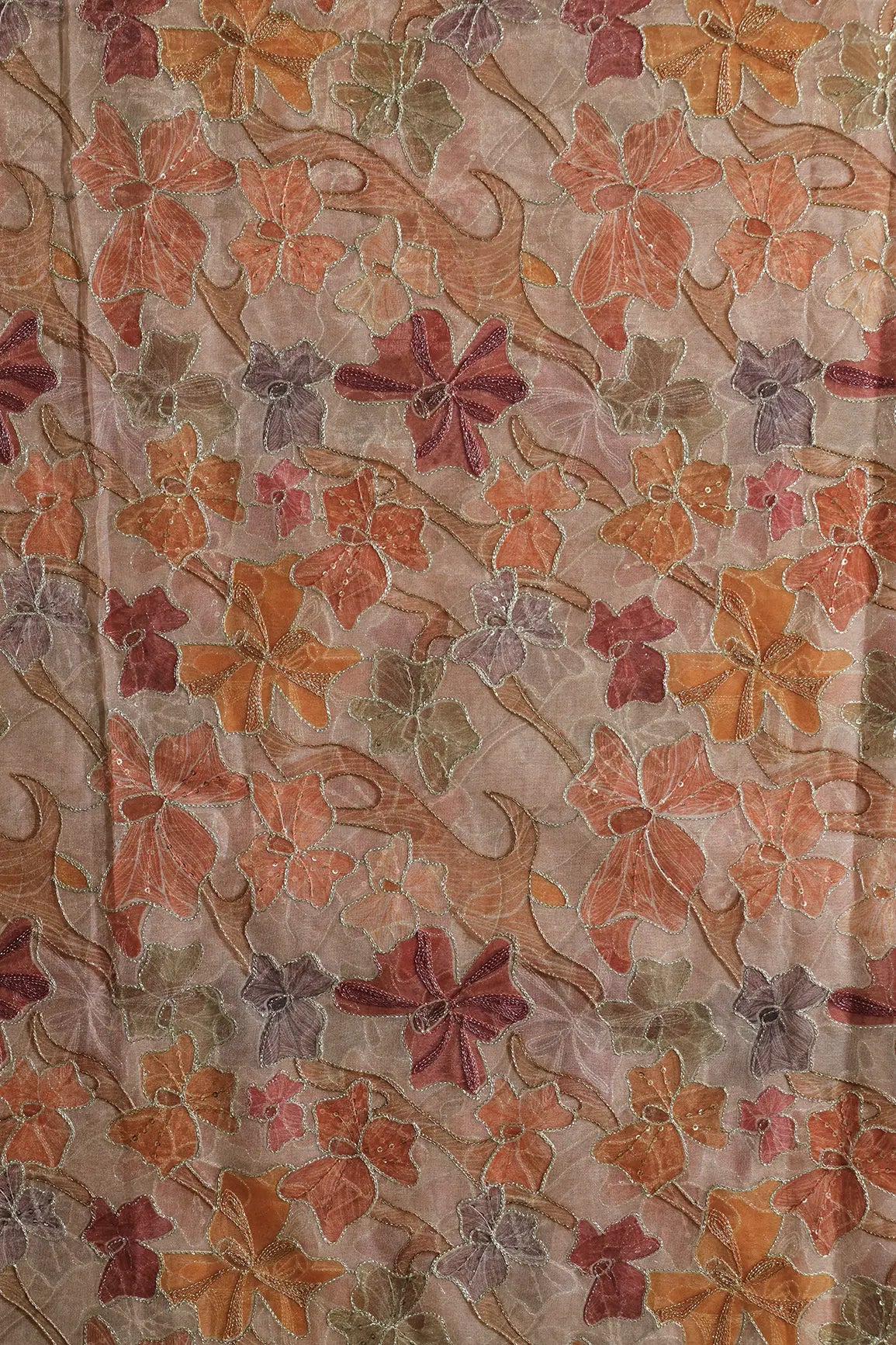 Floral Positional Print On Sequins With Zari Embroidery On Tan Beige Organza Fabric
