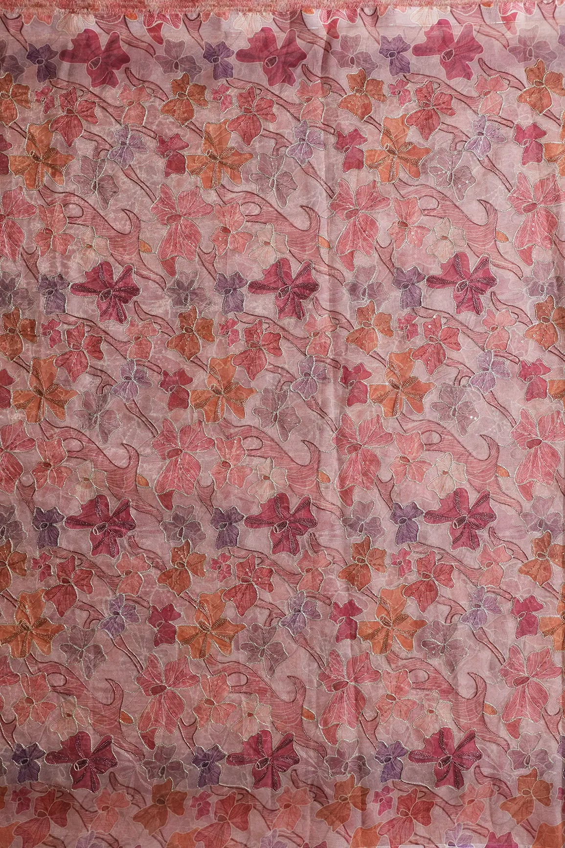 Floral Positional Print On Sequins With Zari Embroidery On Pastel Pink Organza Fabric