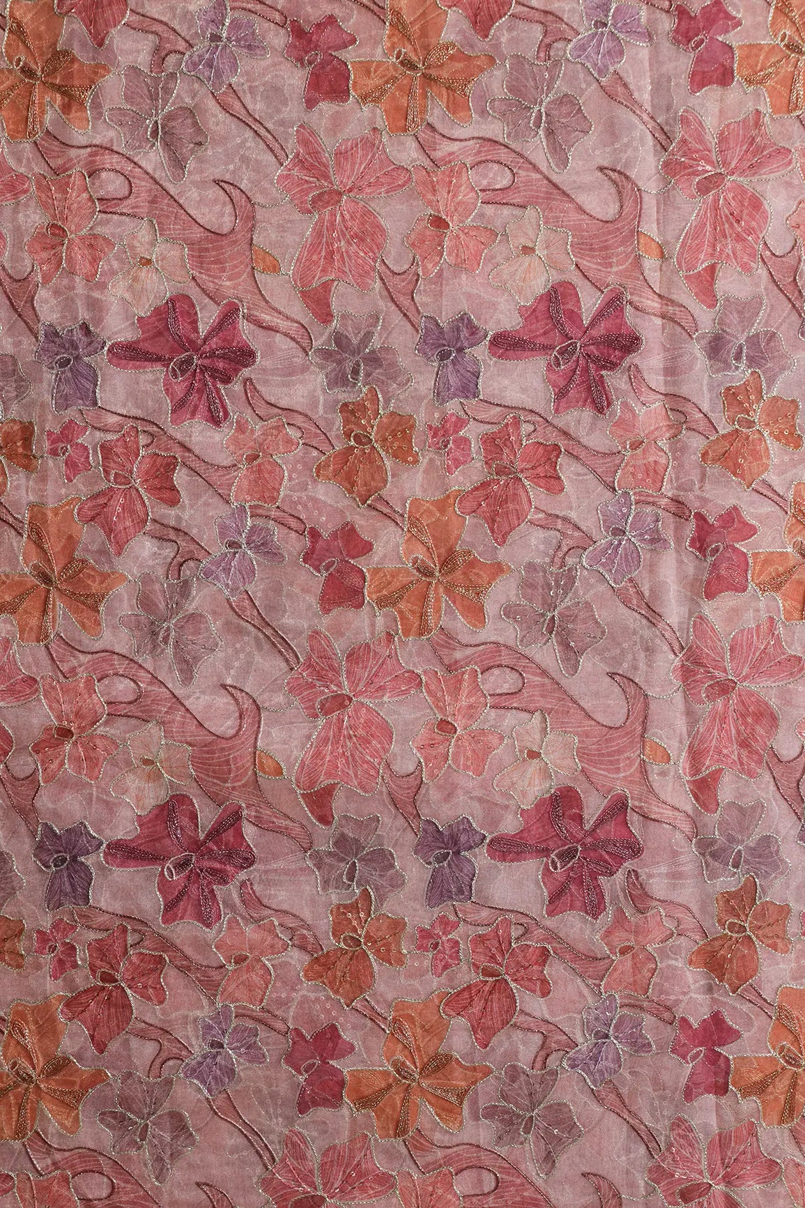 Floral Positional Print On Sequins With Zari Embroidery On Pastel Pink Organza Fabric