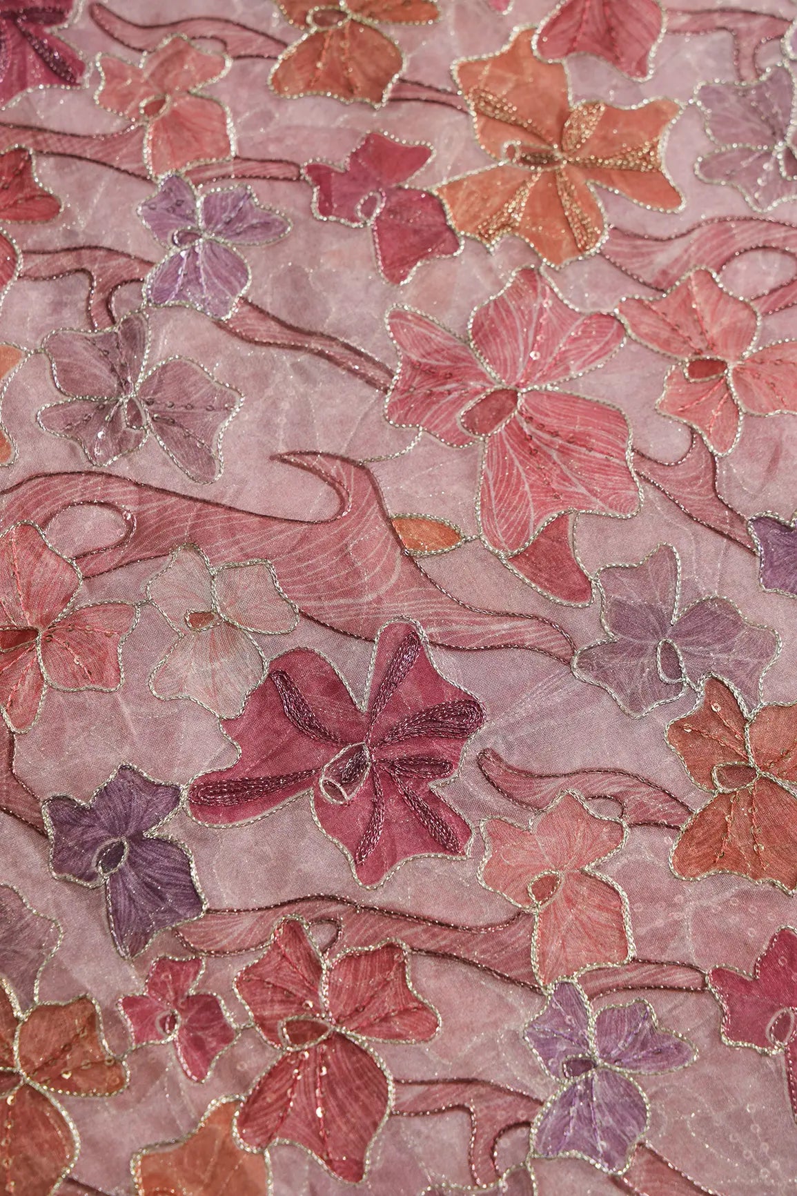 Floral Positional Print On Sequins With Zari Embroidery On Pastel Pink Organza Fabric