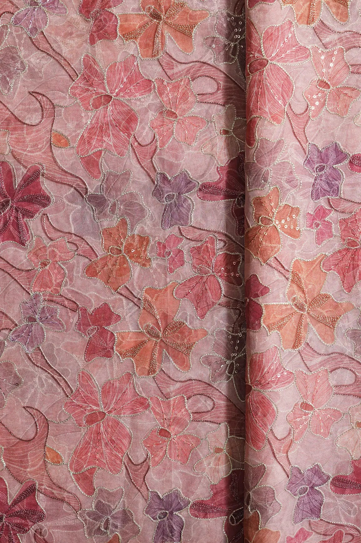 Floral Positional Print On Sequins With Zari Embroidery On Pastel Pink Organza Fabric
