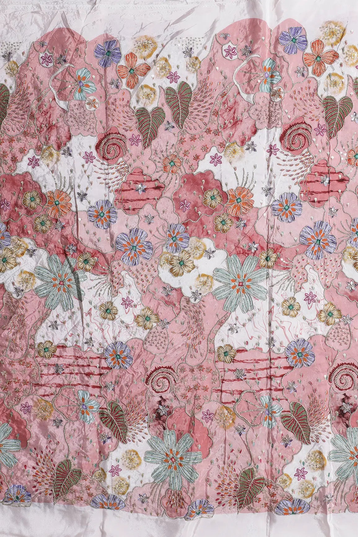 Zari with Sequins Floral Positional Print On Cream Pure Crepe Fabric