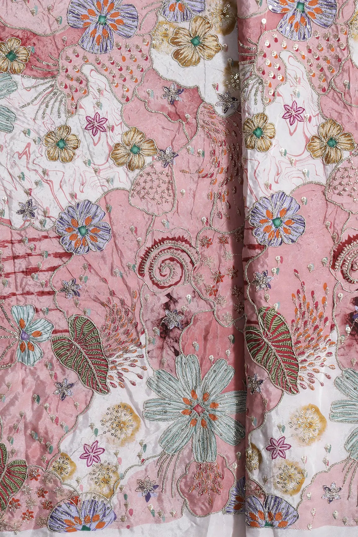 Zari with Sequins Floral Positional Print On Cream Pure Crepe Fabric