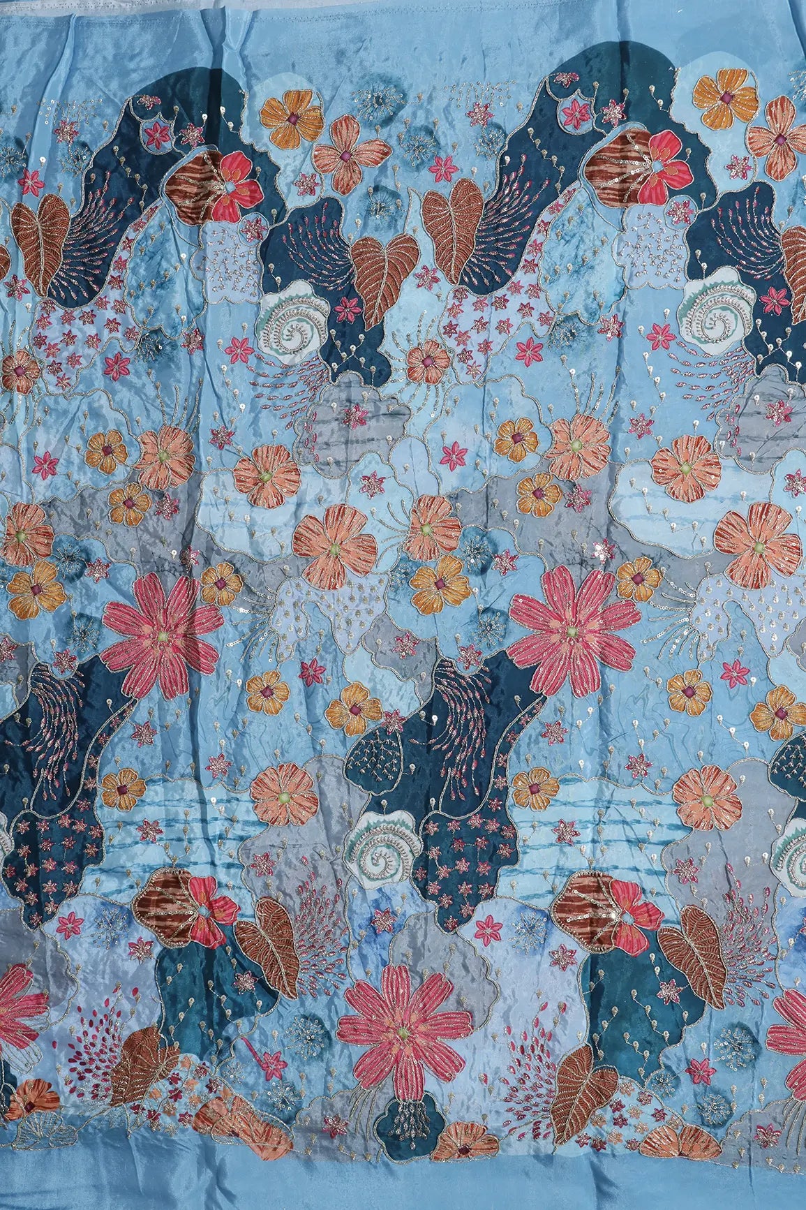 Zari with Sequins Floral Positional Print On Pastel Blue Pure Crepe Fabric