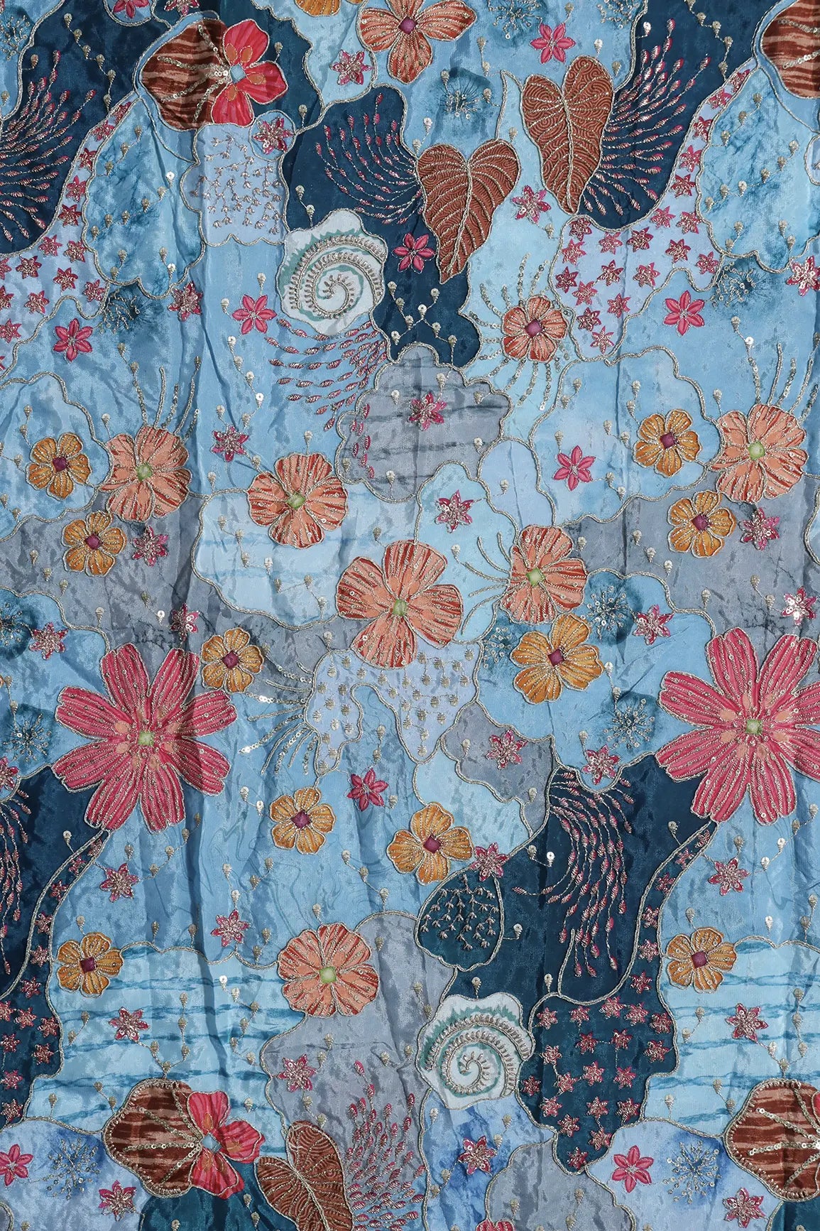 Zari with Sequins Floral Positional Print On Pastel Blue Pure Crepe Fabric