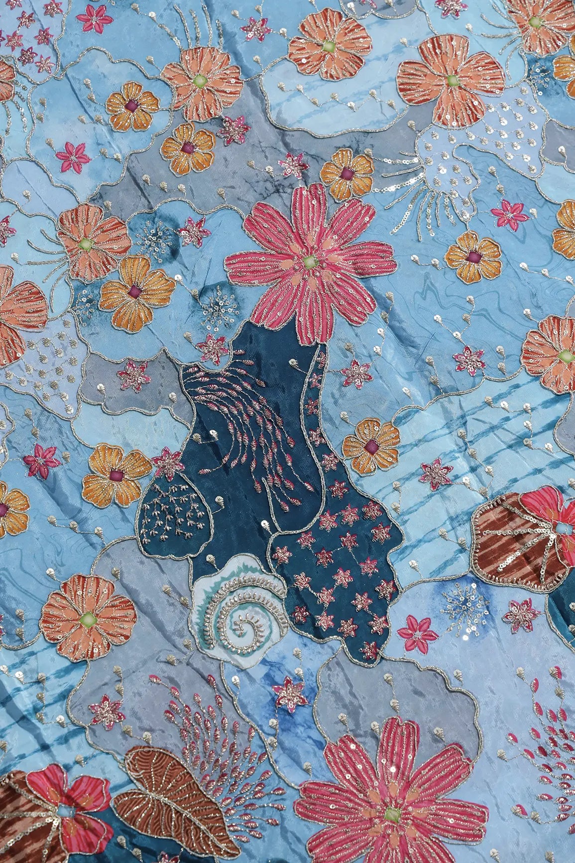 Zari with Sequins Floral Positional Print On Pastel Blue Pure Crepe Fabric