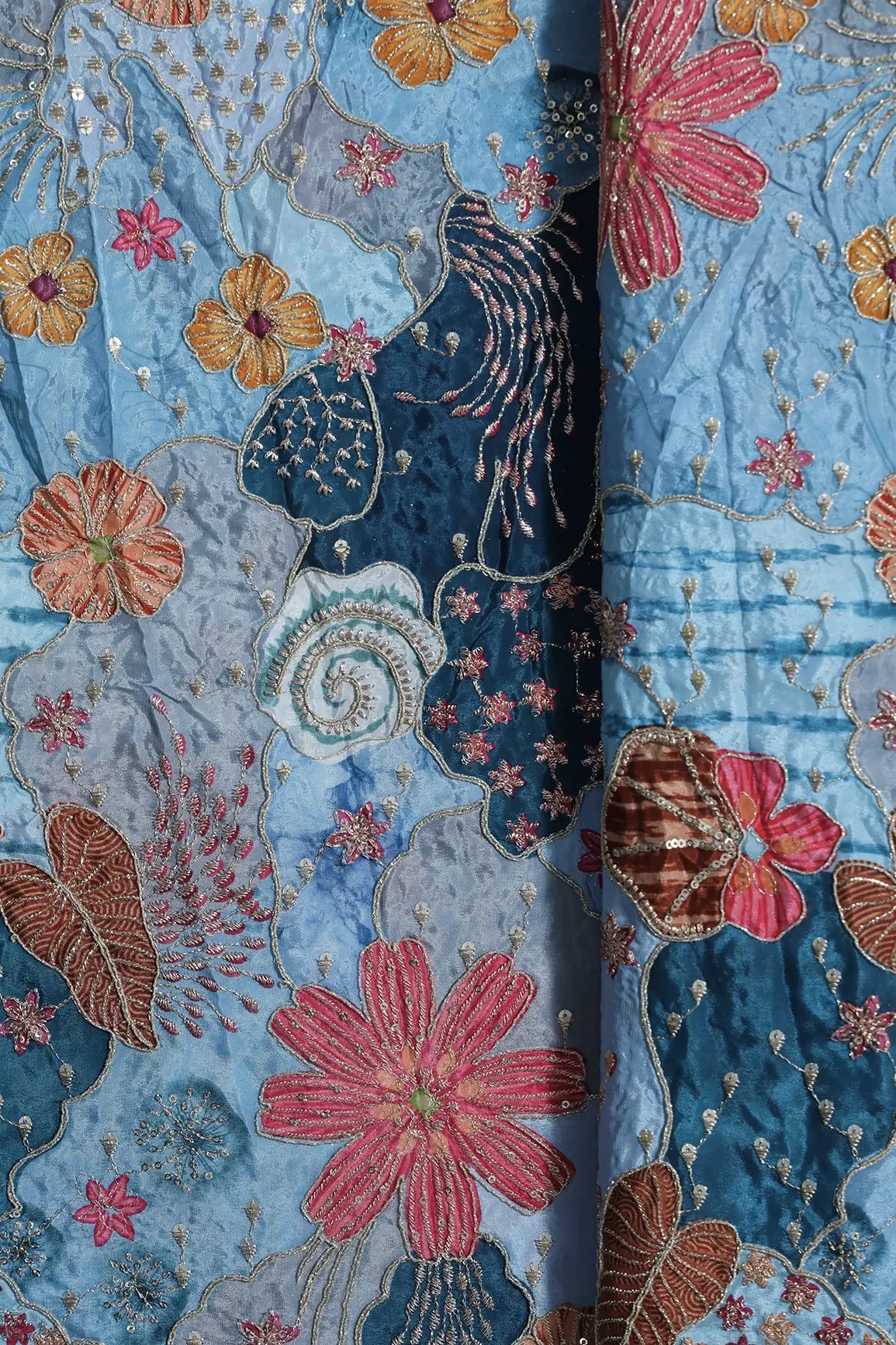 Zari with Sequins Floral Positional Print On Pastel Blue Pure Crepe Fabric
