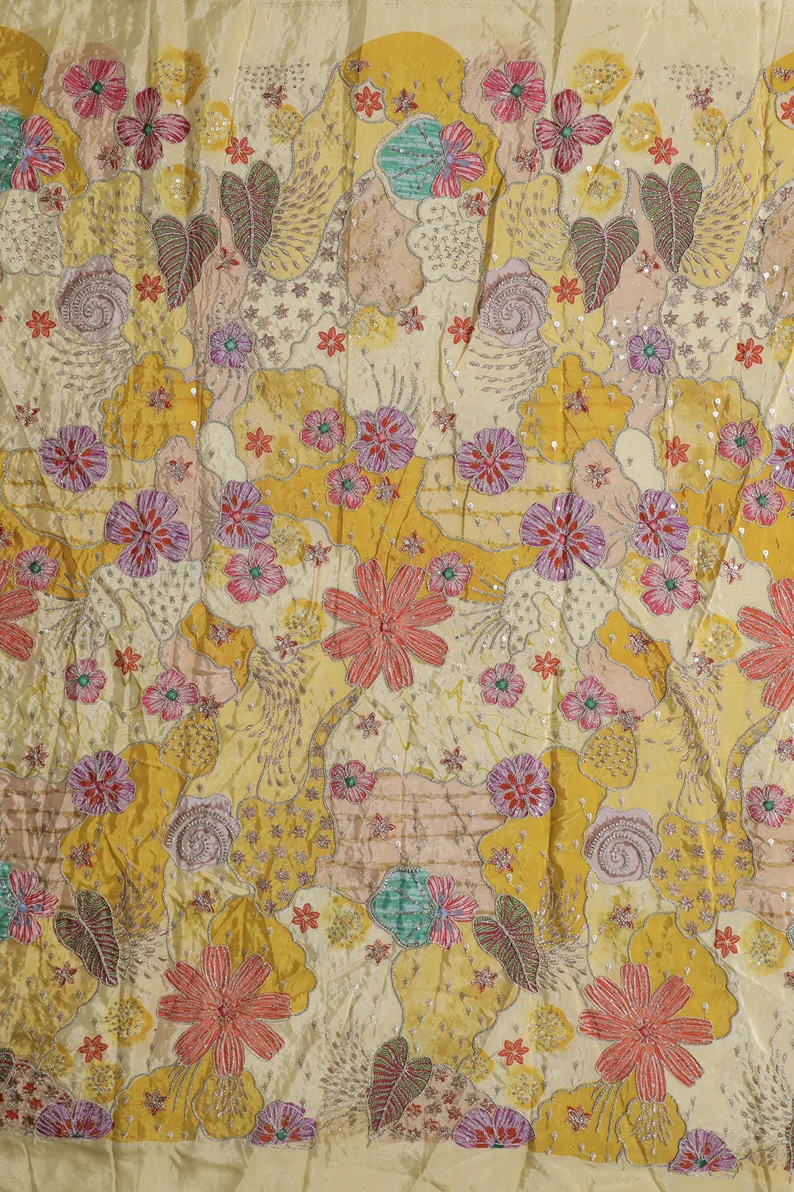 Zari with Sequins Floral Positional Print On Pastel Yellow Pure Crepe Fabric