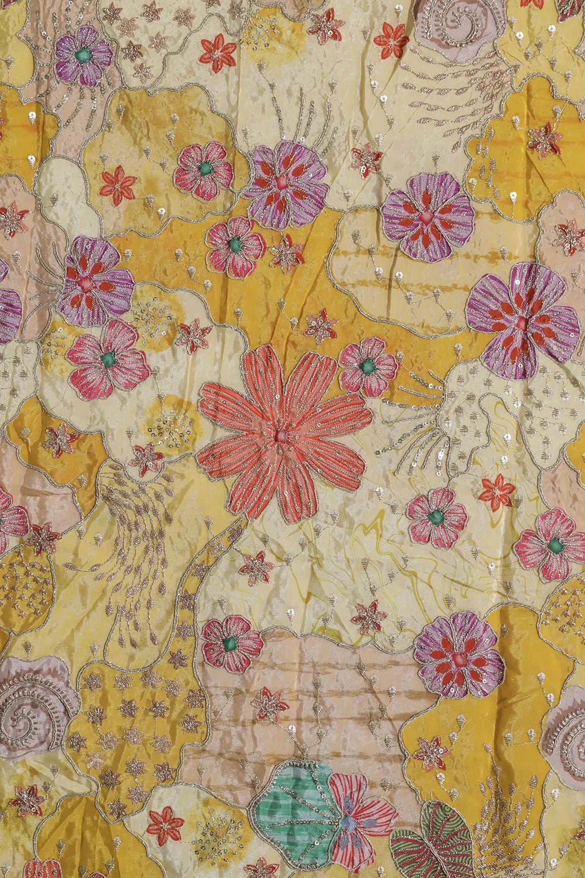 Zari with Sequins Floral Positional Print On Pastel Yellow Pure Crepe Fabric
