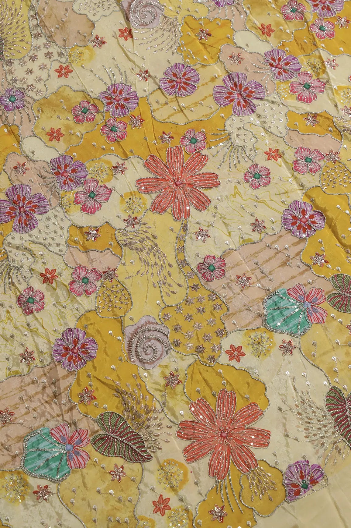 Zari with Sequins Floral Positional Print On Pastel Yellow Pure Crepe Fabric