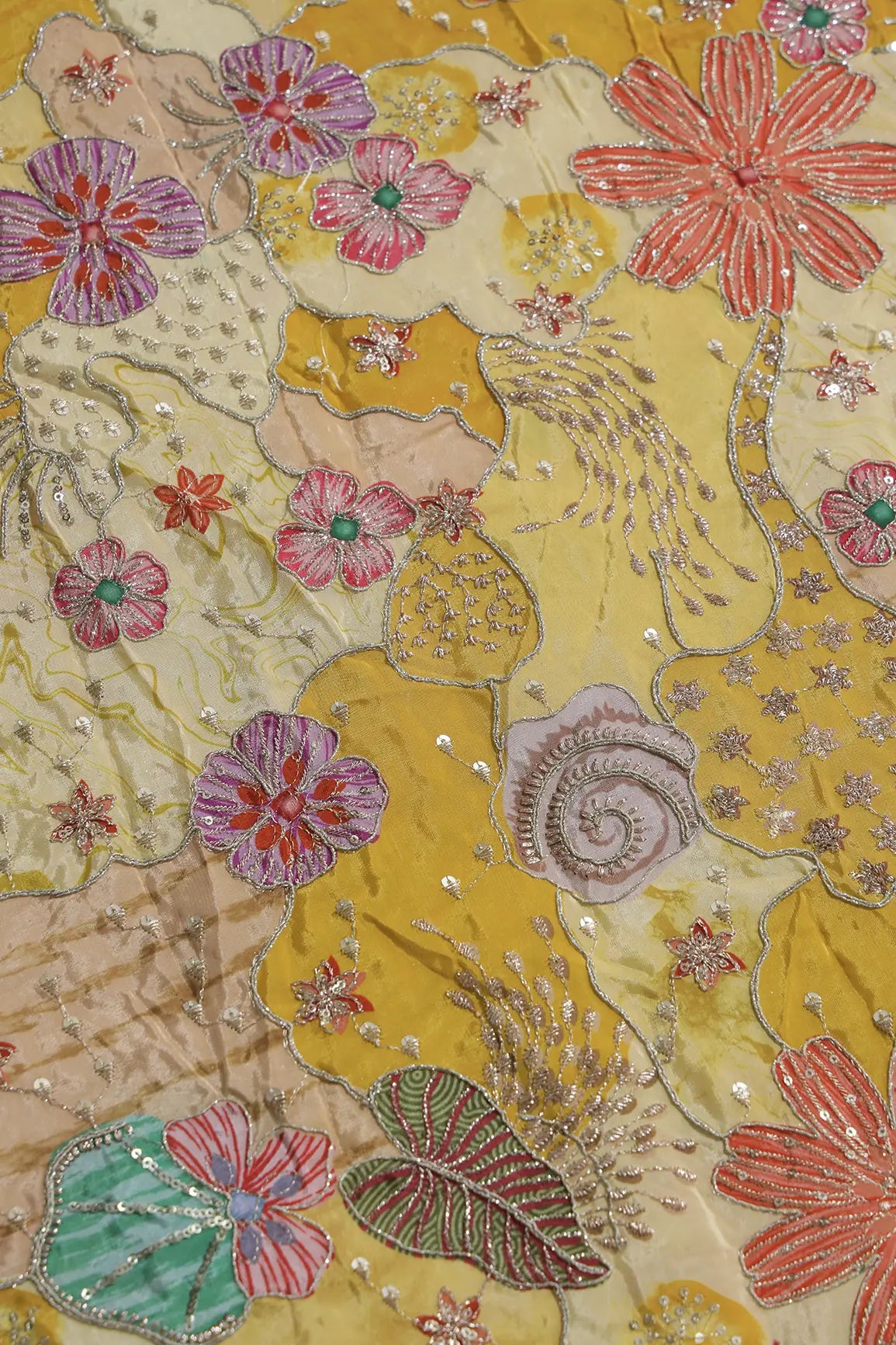 Zari with Sequins Floral Positional Print On Pastel Yellow Pure Crepe Fabric