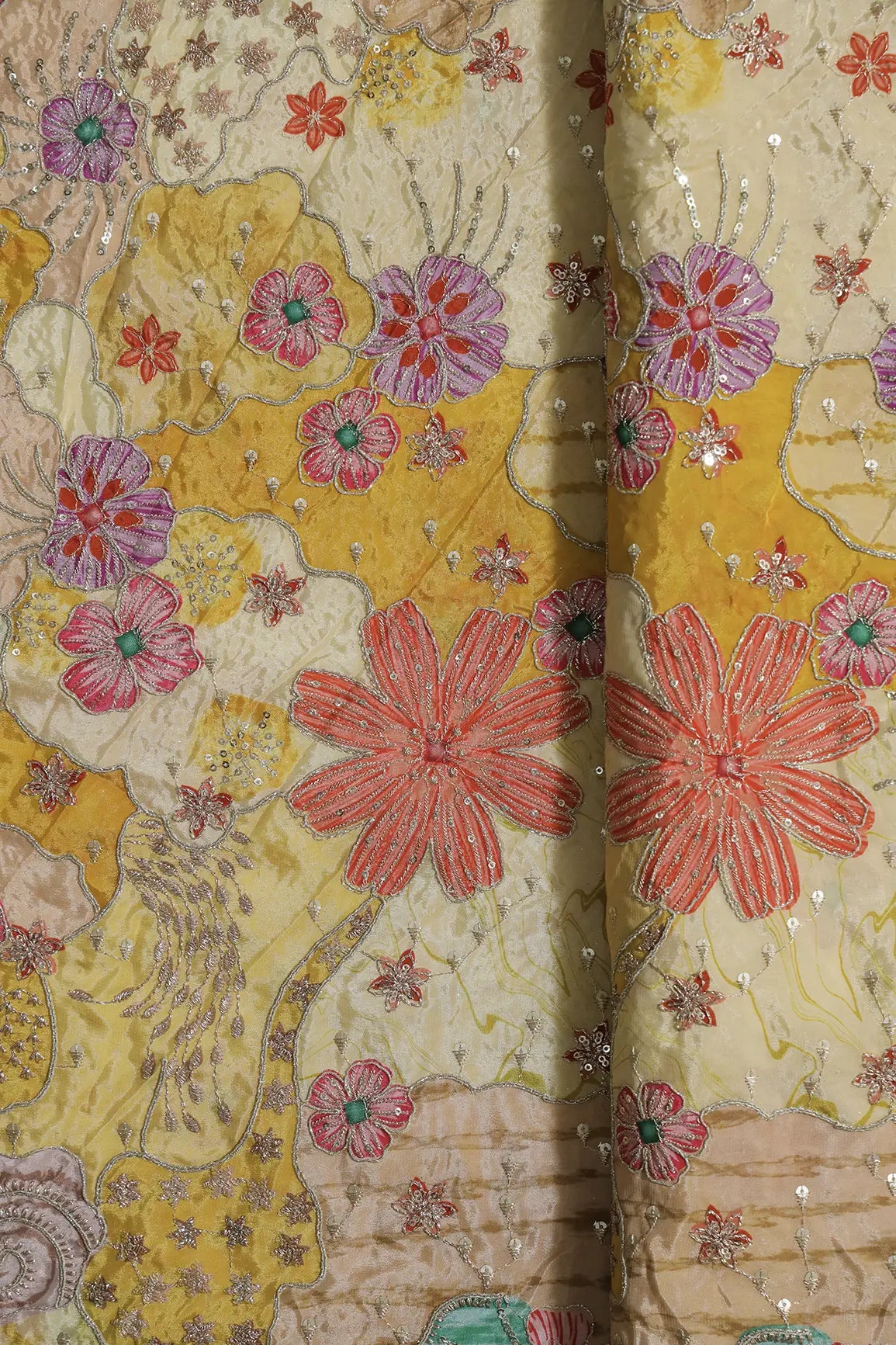 Zari with Sequins Floral Positional Print On Pastel Yellow Pure Crepe Fabric