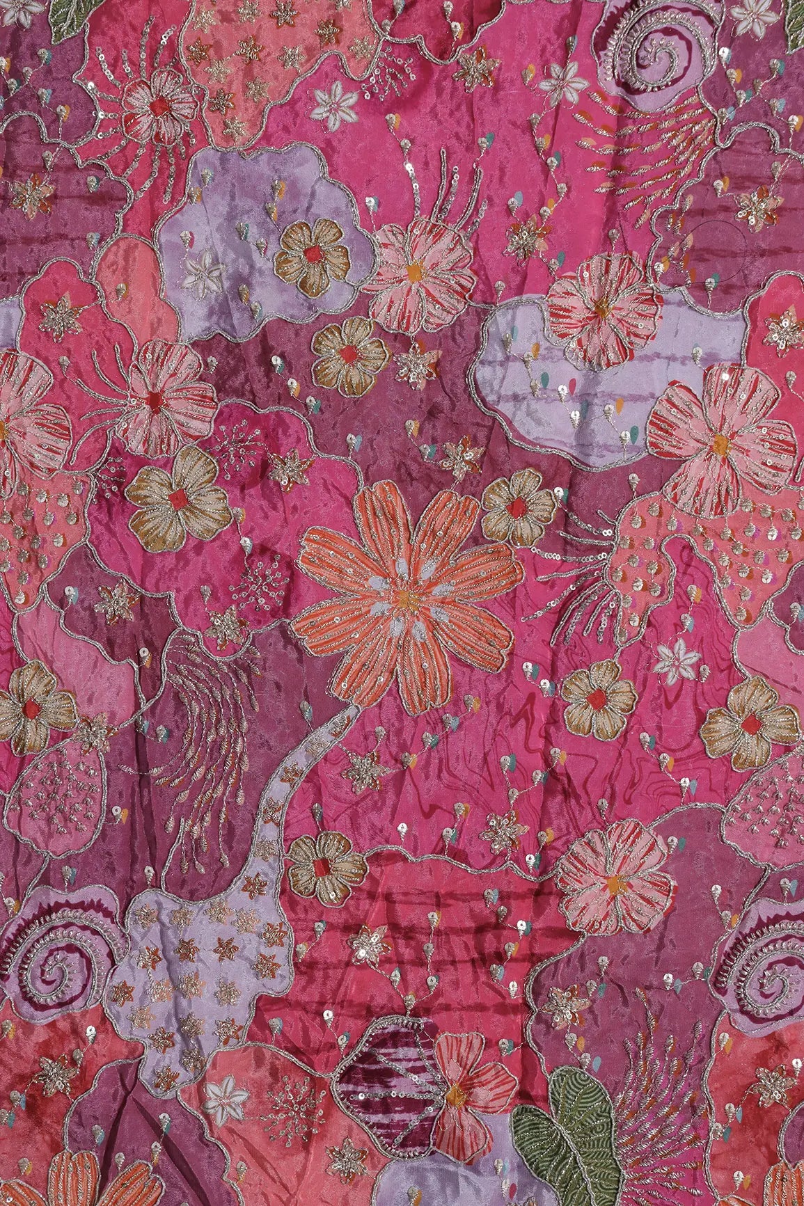 Zari with Sequins Floral Positional Print On Pink Pure Crepe Fabric