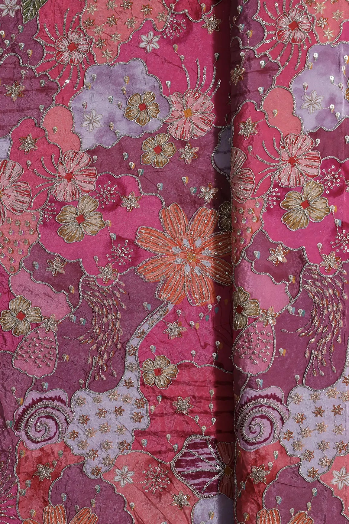 Zari with Sequins Floral Positional Print On Pink Pure Crepe Fabric