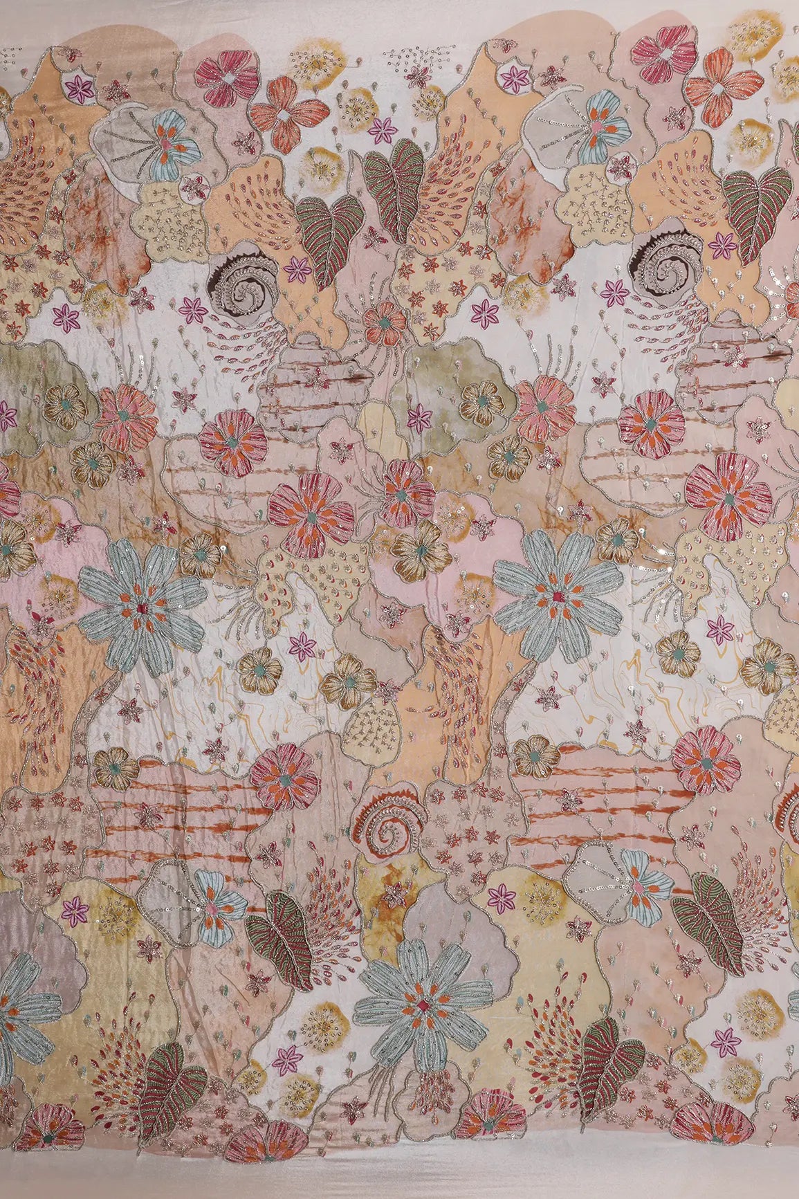 Zari with Sequins Floral Positional Print On Peach Pure Crepe Fabric