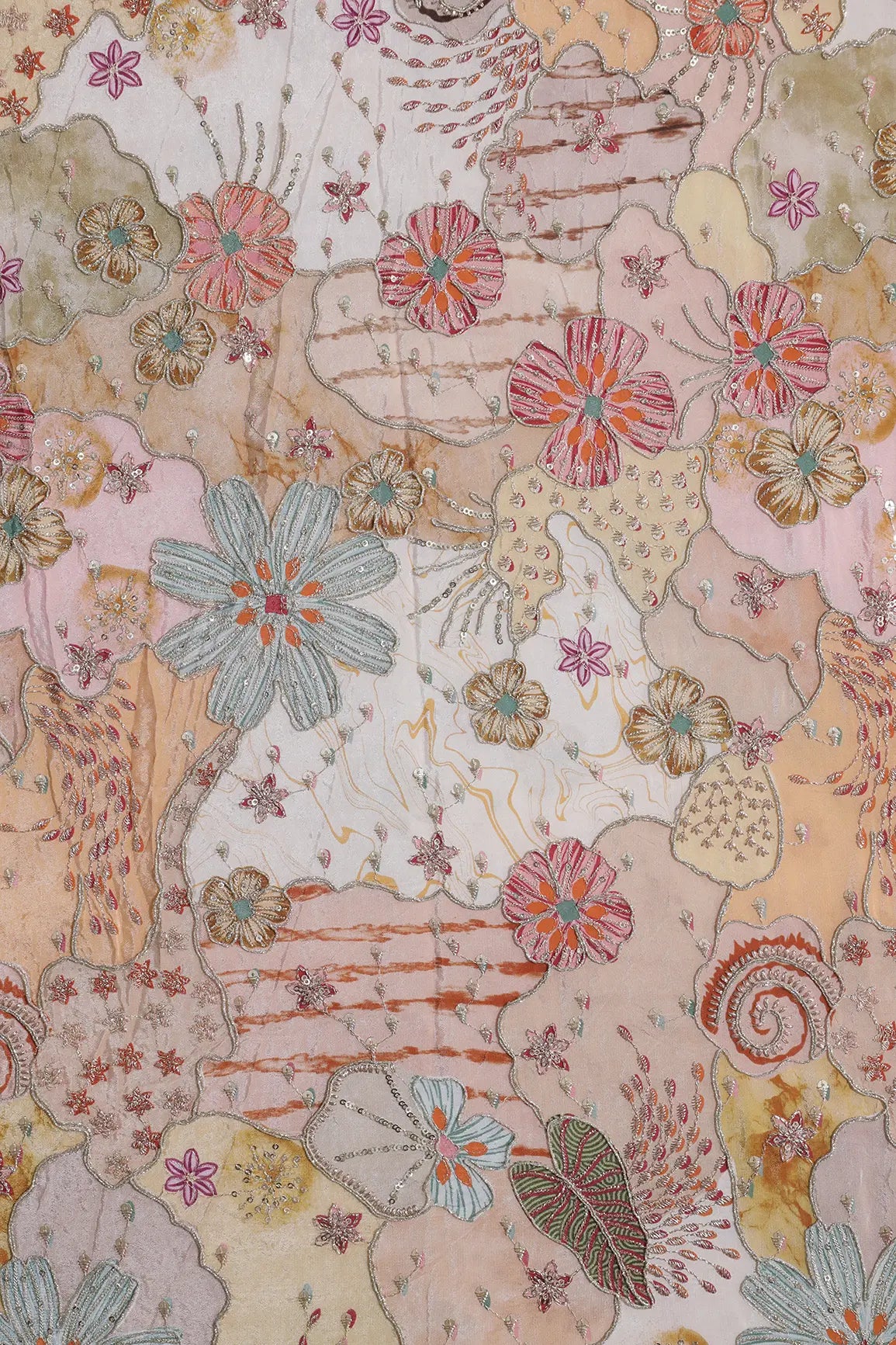Zari with Sequins Floral Positional Print On Peach Pure Crepe Fabric
