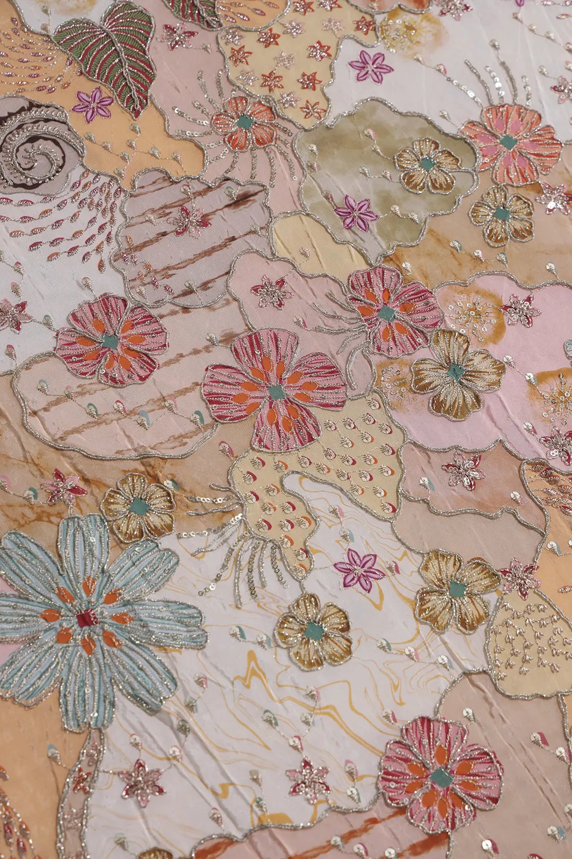 Zari with Sequins Floral Positional Print On Peach Pure Crepe Fabric