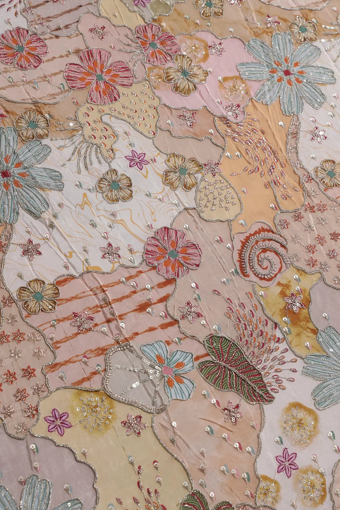 Zari with Sequins Floral Positional Print On Peach Pure Crepe Fabric