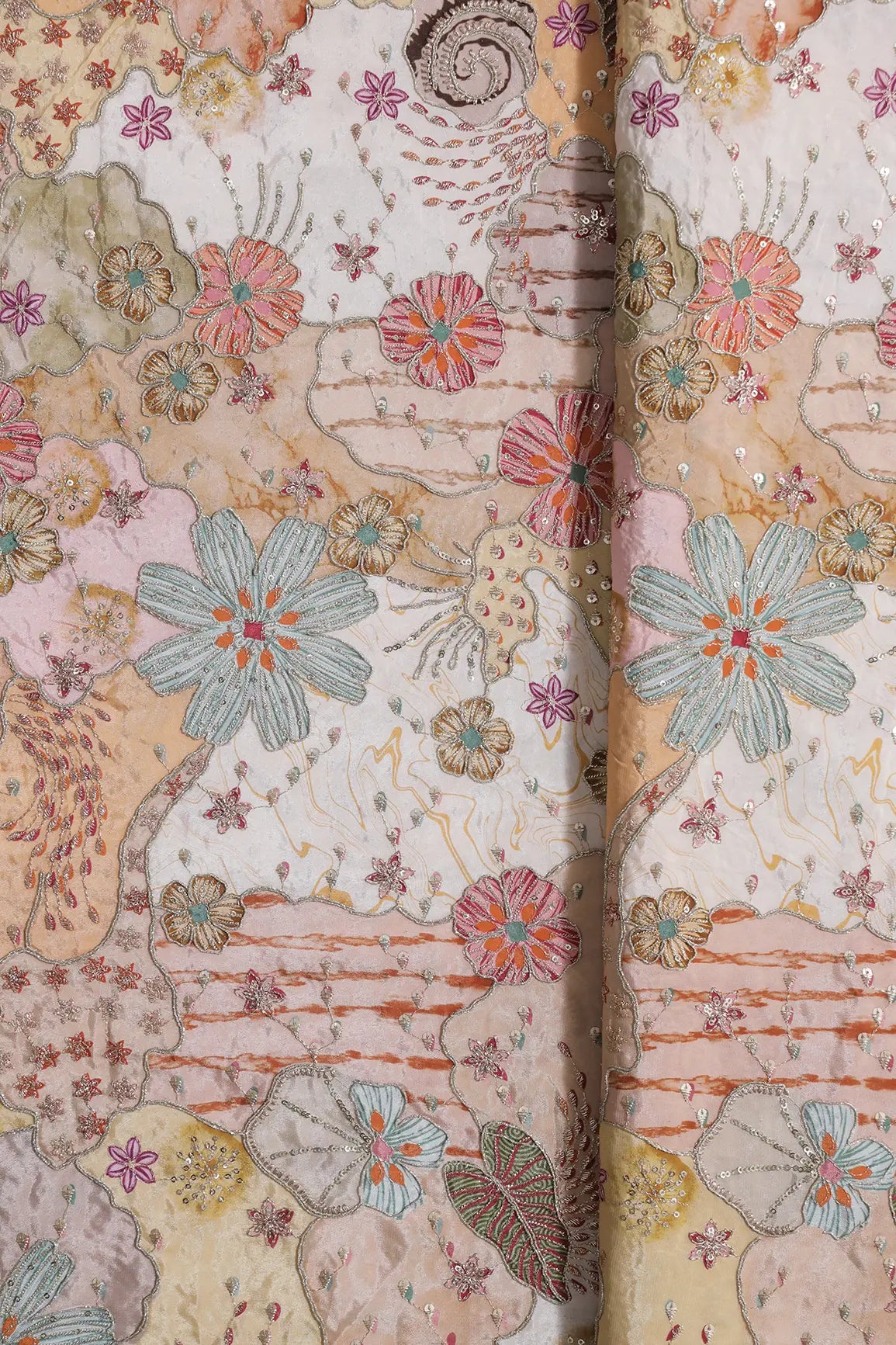 Zari with Sequins Floral Positional Print On Peach Pure Crepe Fabric