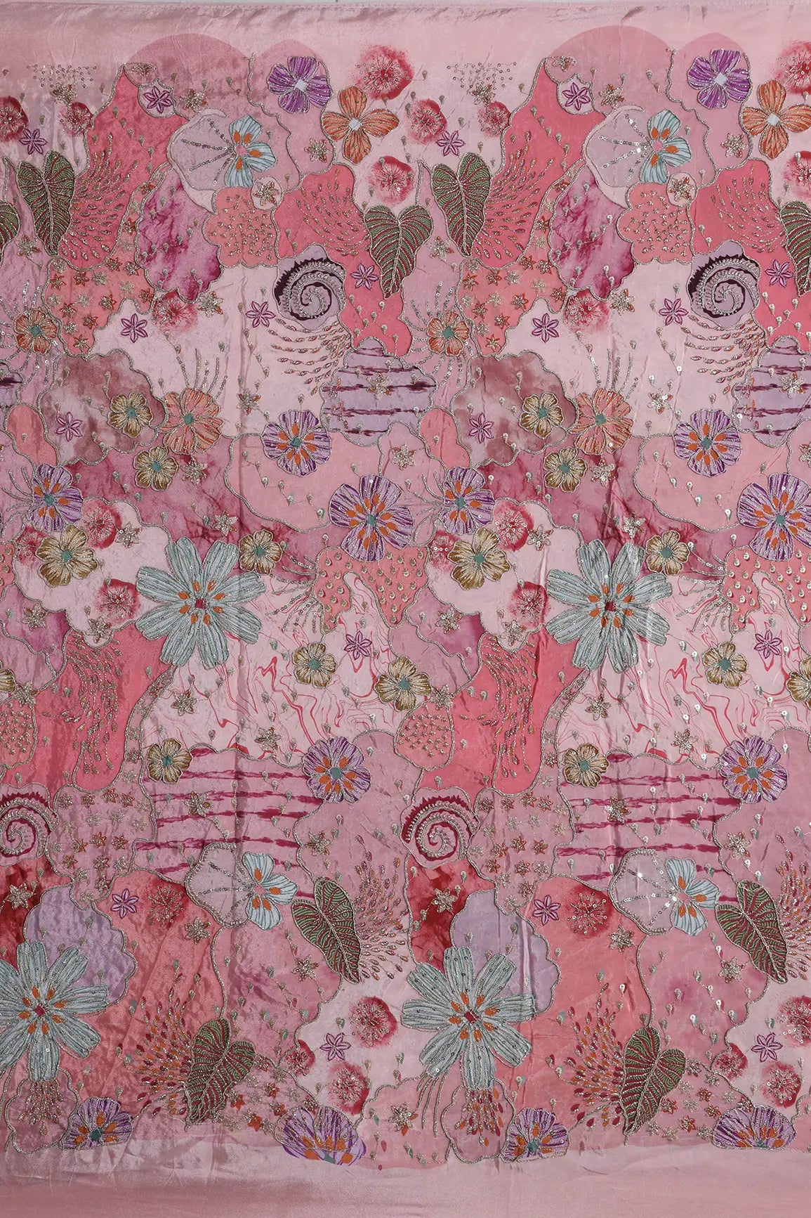 Zari with Sequins Floral Positional Print On Gajri Pure Crepe Fabric