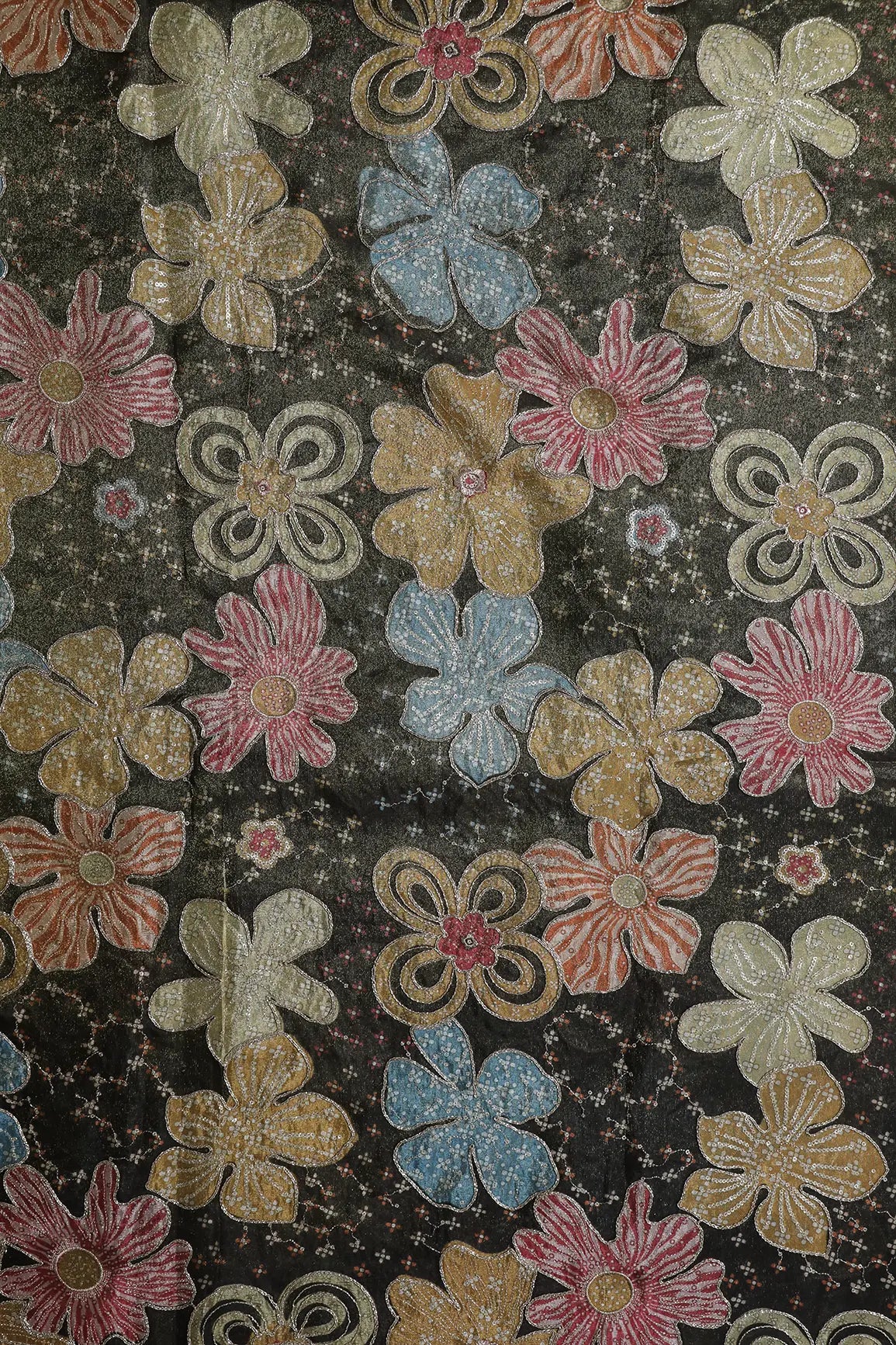 Floral Positional Print On Sequins With Zari Embroidery On Mehndi Green Viscose Zari Tissue Fabric