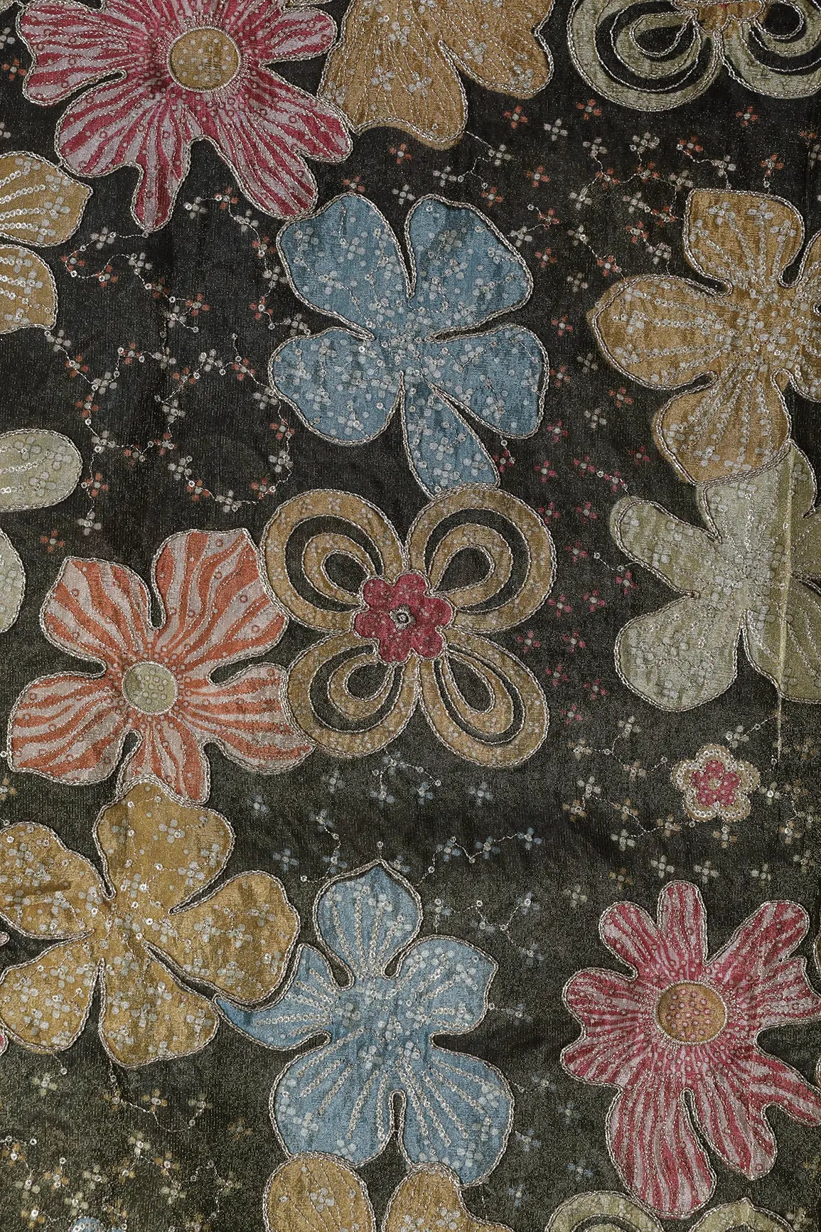 Floral Positional Print On Sequins With Zari Embroidery On Mehndi Green Viscose Zari Tissue Fabric