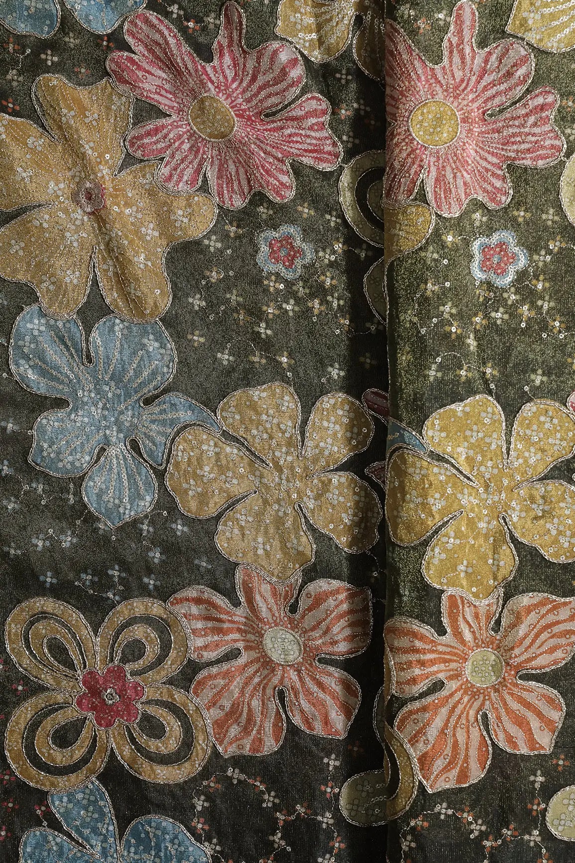 Floral Positional Print On Sequins With Zari Embroidery On Mehndi Green Viscose Zari Tissue Fabric
