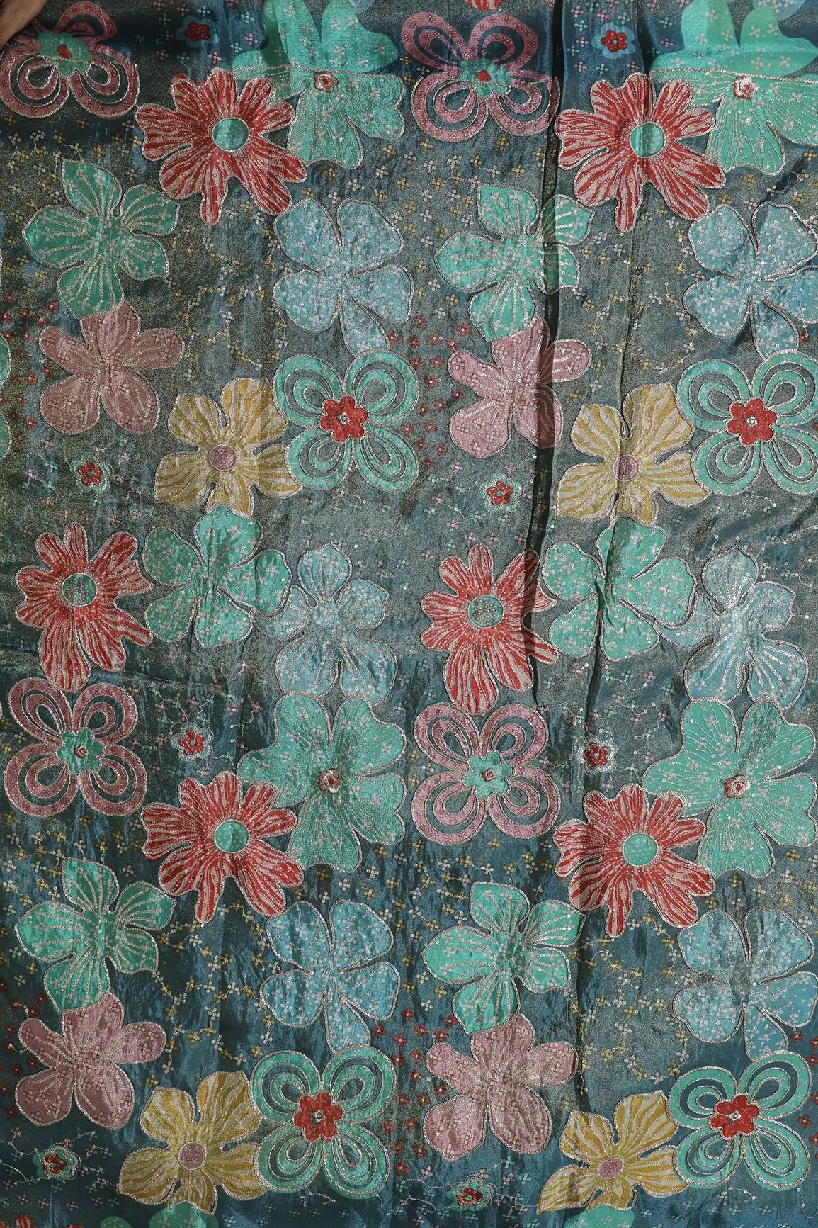 Floral Positional Print On Sequins With Zari Embroidery On Rama Viscose Zari Tissue Fabric