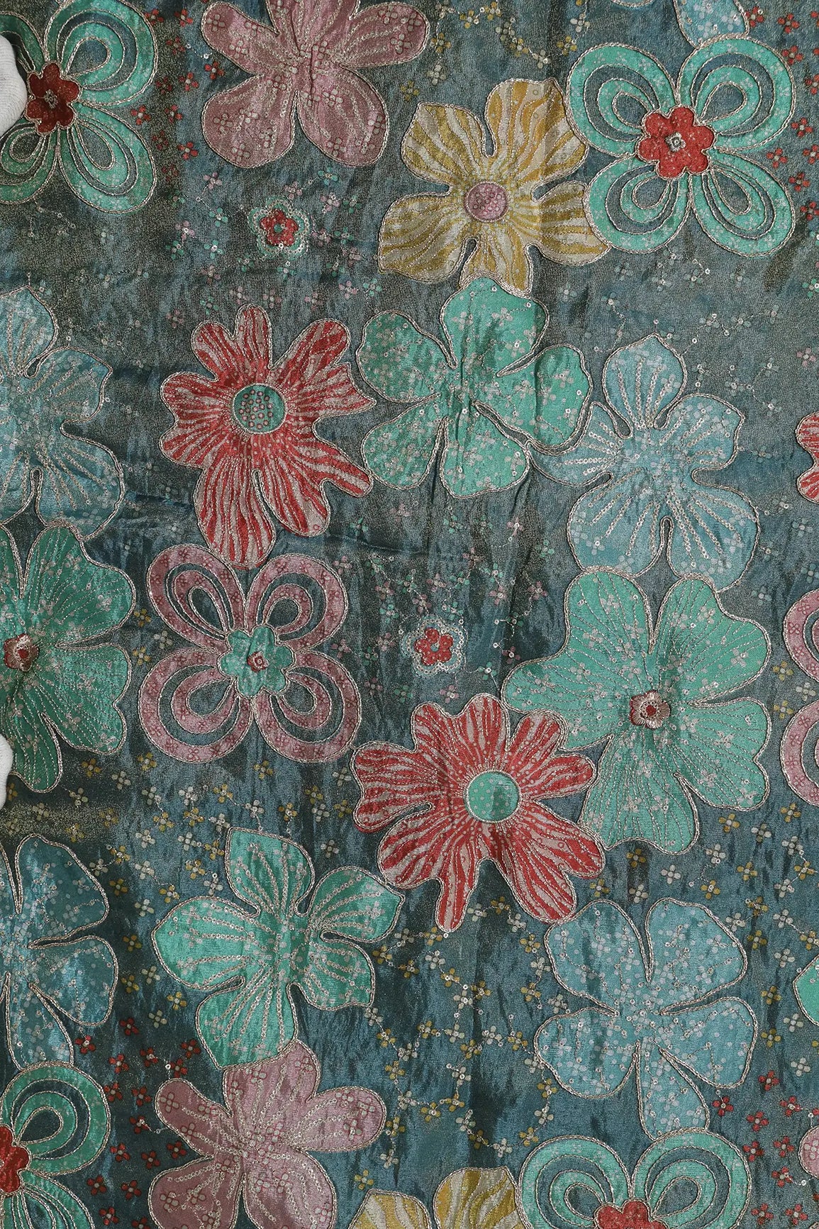 Floral Positional Print On Sequins With Zari Embroidery On Rama Viscose Zari Tissue Fabric