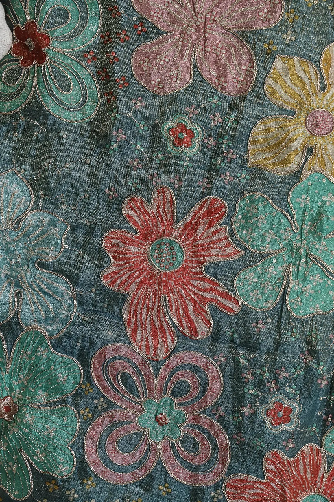 Floral Positional Print On Sequins With Zari Embroidery On Rama Viscose Zari Tissue Fabric