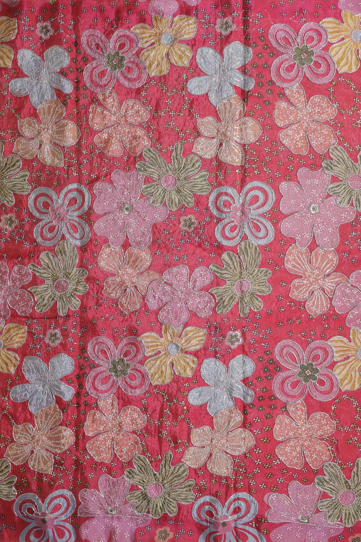 Floral Positional Print On Sequins With Zari Embroidery On Rani Viscose Zari Tissue Fabric