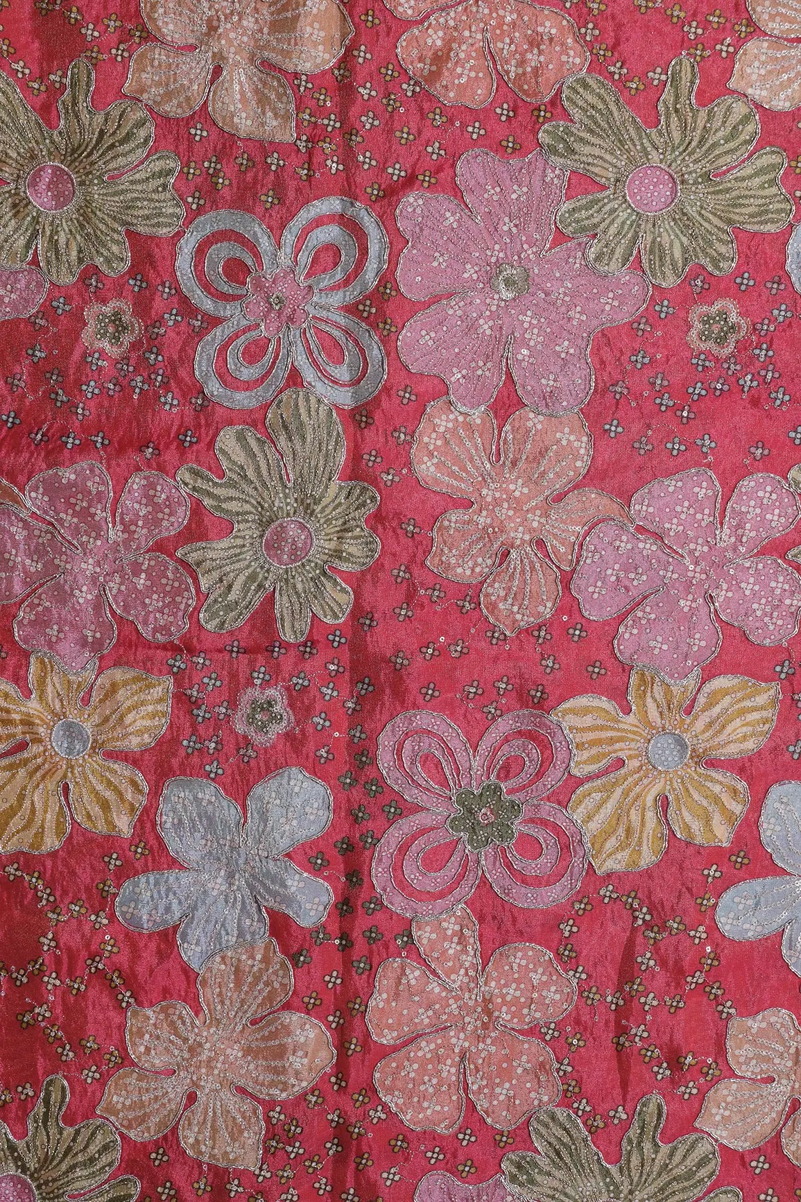 Floral Positional Print On Sequins With Zari Embroidery On Rani Viscose Zari Tissue Fabric