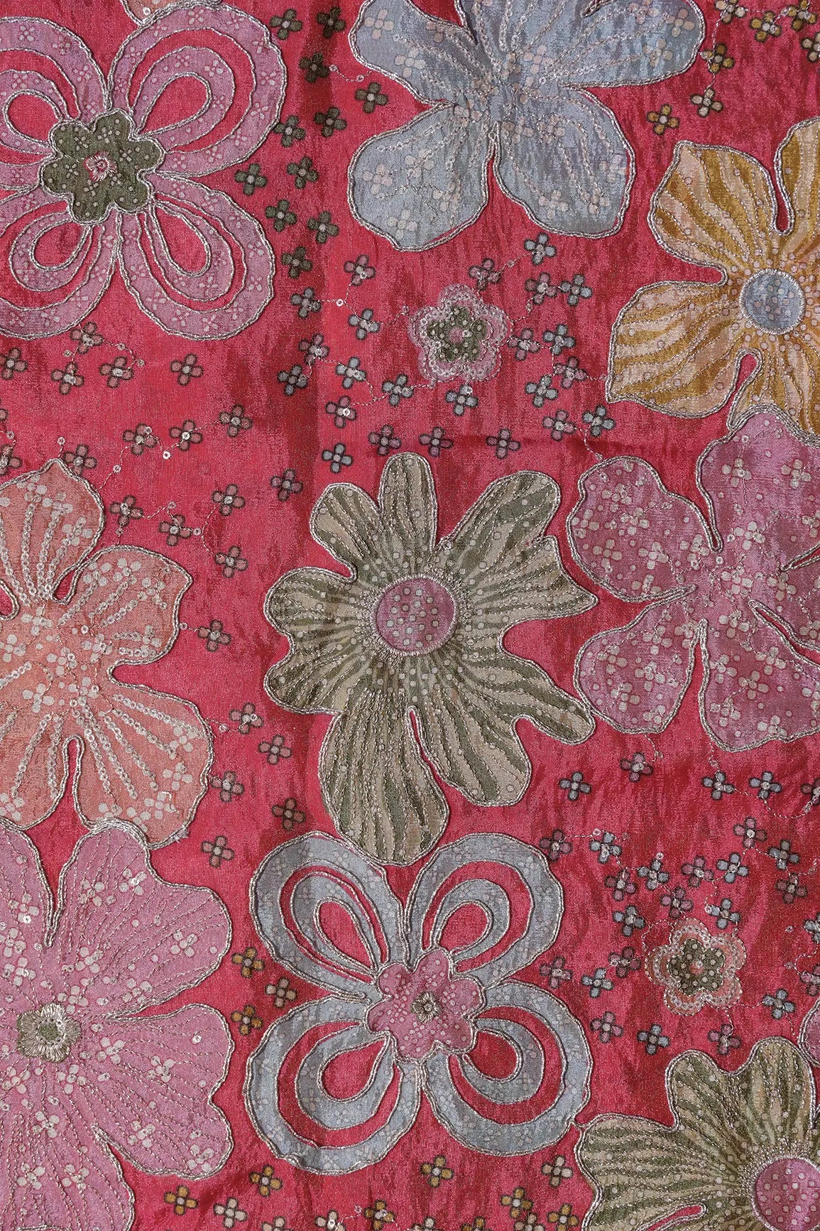 Floral Positional Print On Sequins With Zari Embroidery On Rani Viscose Zari Tissue Fabric