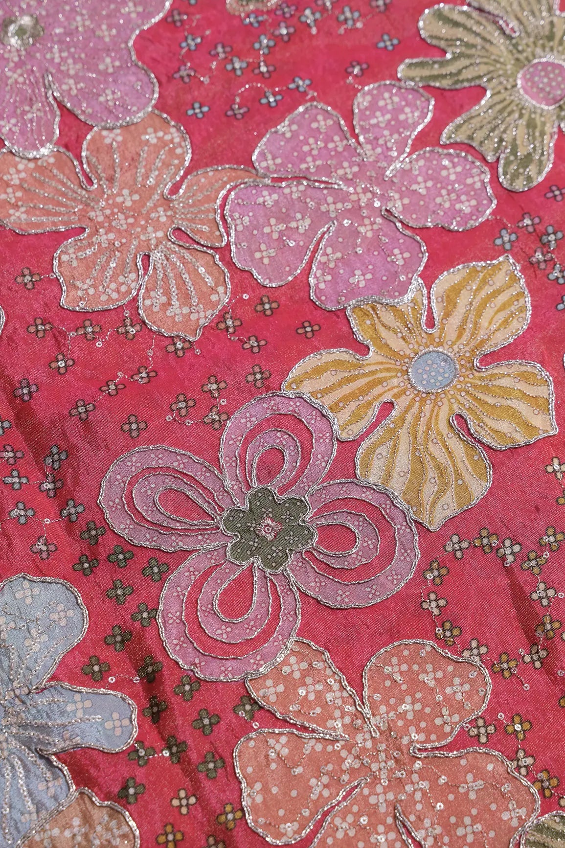 Floral Positional Print On Sequins With Zari Embroidery On Rani Viscose Zari Tissue Fabric