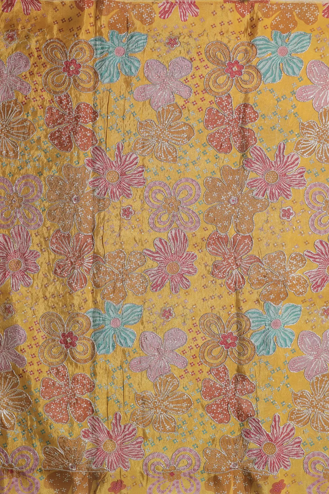 Floral Positional Print On Sequins With Zari Embroidery On Yellow Viscose Zari Tissue Fabric