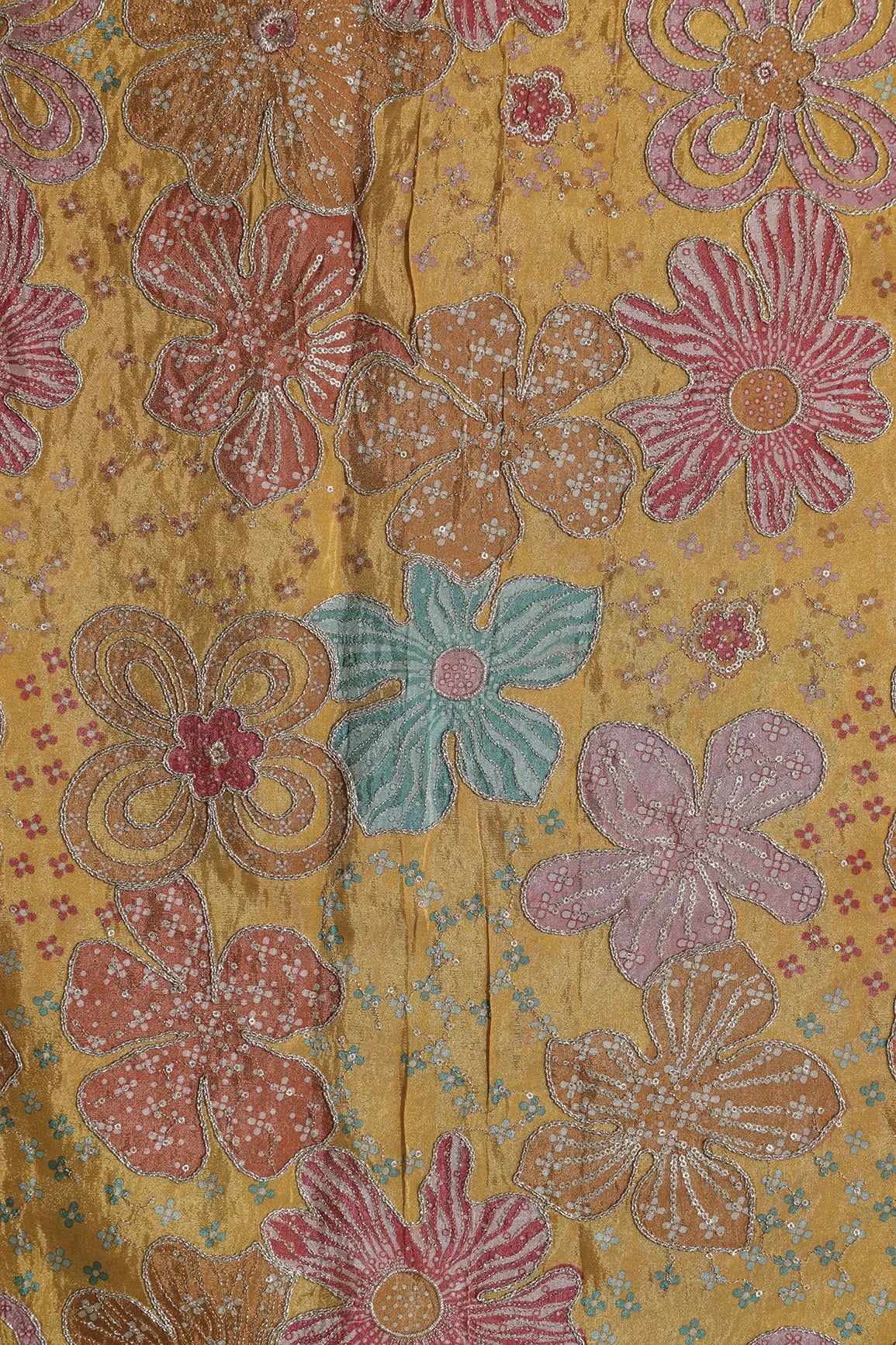 Floral Positional Print On Sequins With Zari Embroidery On Yellow Viscose Zari Tissue Fabric