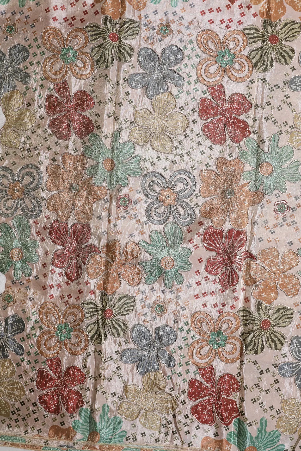 Floral Positional Print On Sequins With Zari Embroidery On Light Peach Viscose Zari Tissue Fabric