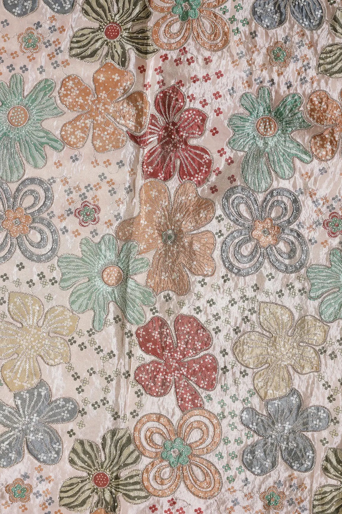 Floral Positional Print On Sequins With Zari Embroidery On Light Peach Viscose Zari Tissue Fabric