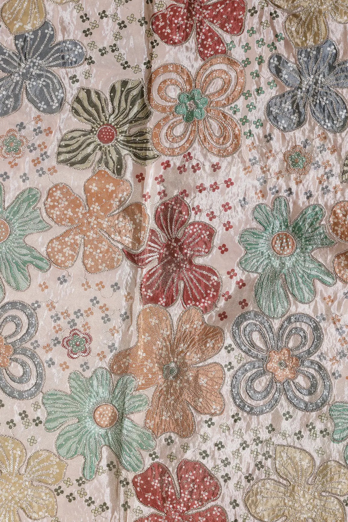Floral Positional Print On Sequins With Zari Embroidery On Light Peach Viscose Zari Tissue Fabric