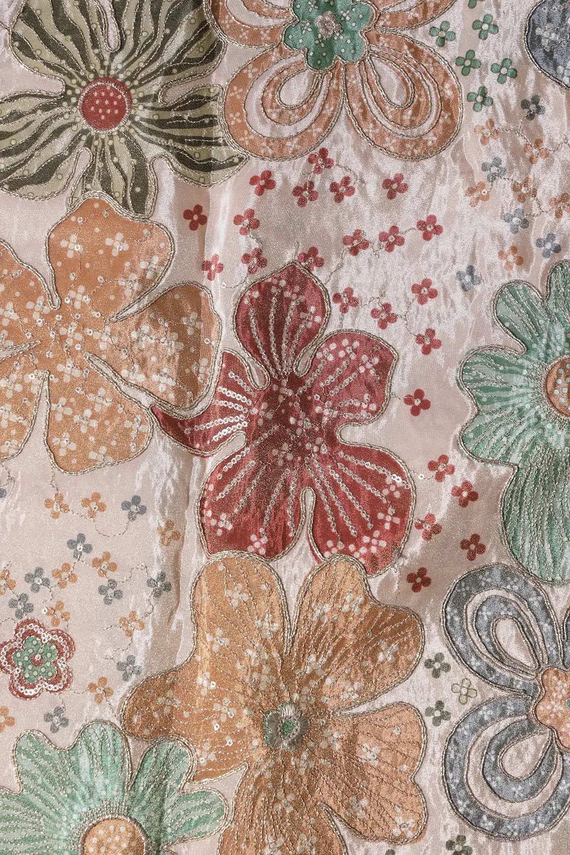 Floral Positional Print On Sequins With Zari Embroidery On Light Peach Viscose Zari Tissue Fabric