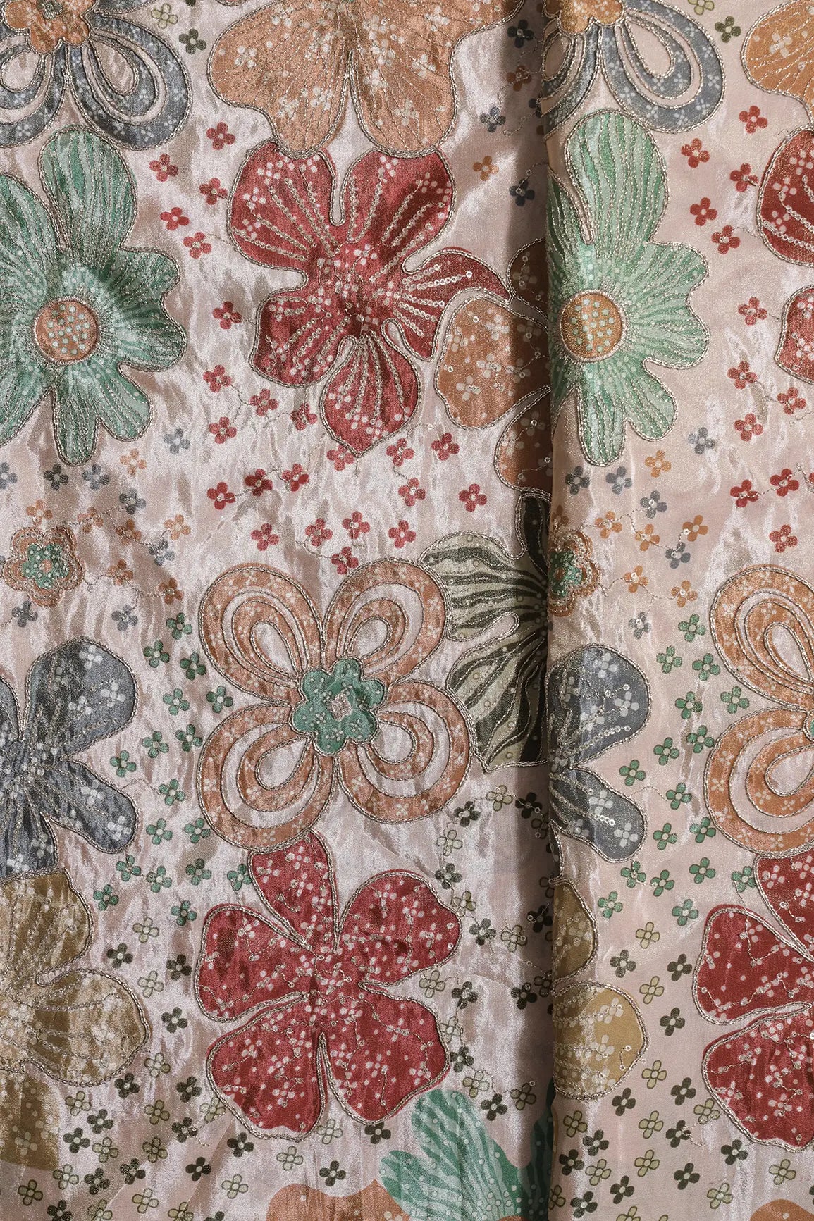 Floral Positional Print On Sequins With Zari Embroidery On Light Peach Viscose Zari Tissue Fabric