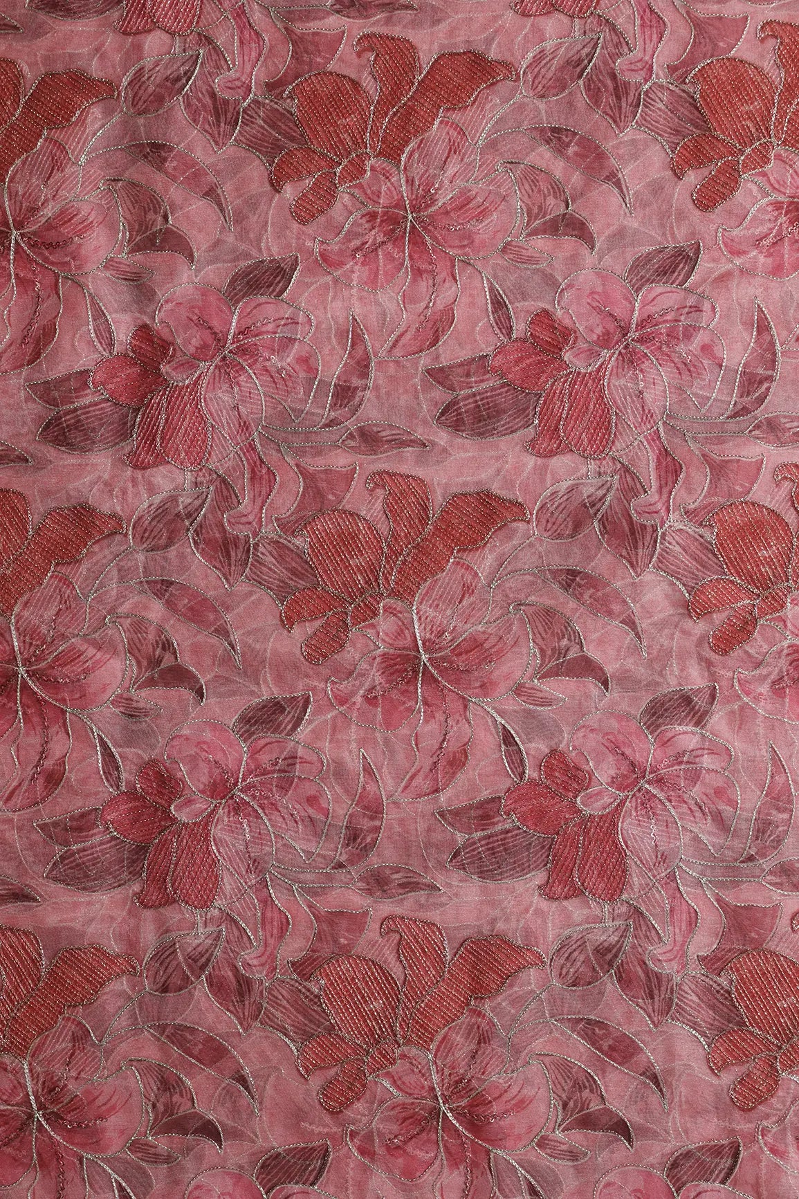 Floral Positional Print On Sequins With Zari Embroidery On Gajri Organza Fabric