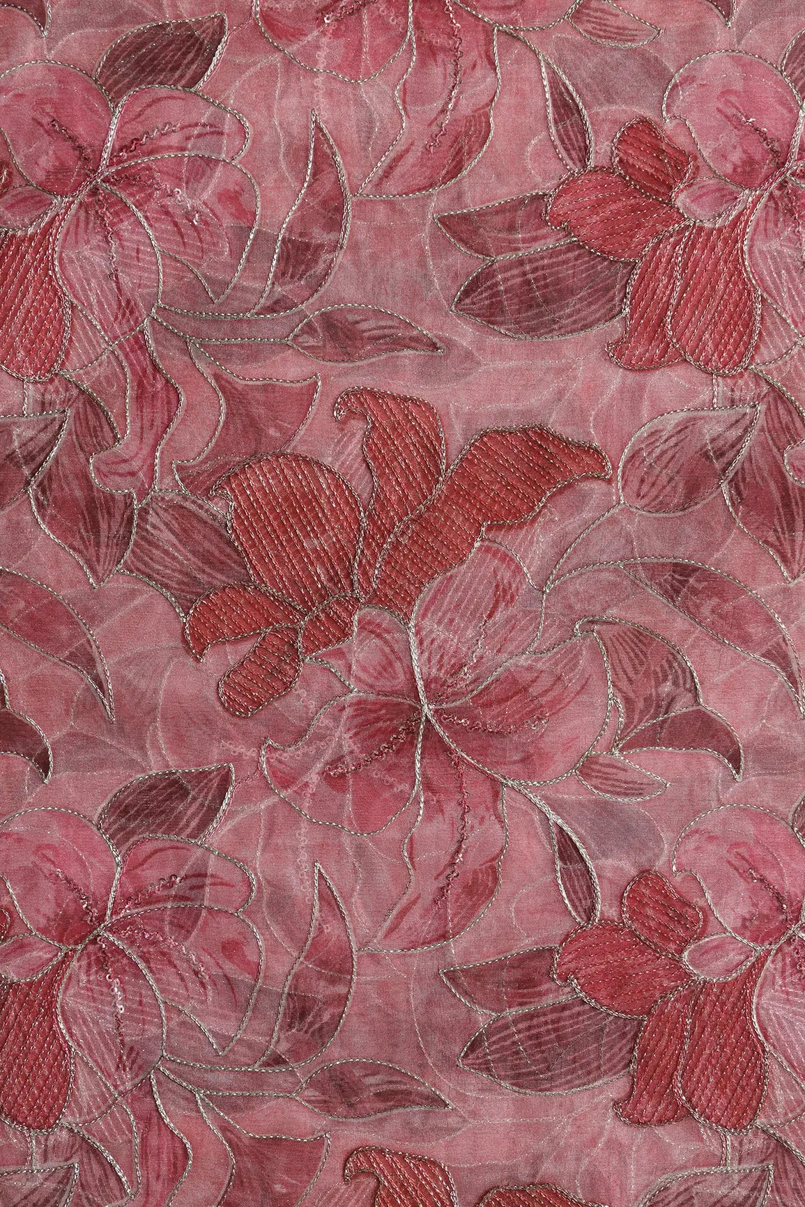 Floral Positional Print On Sequins With Zari Embroidery On Gajri Organza Fabric